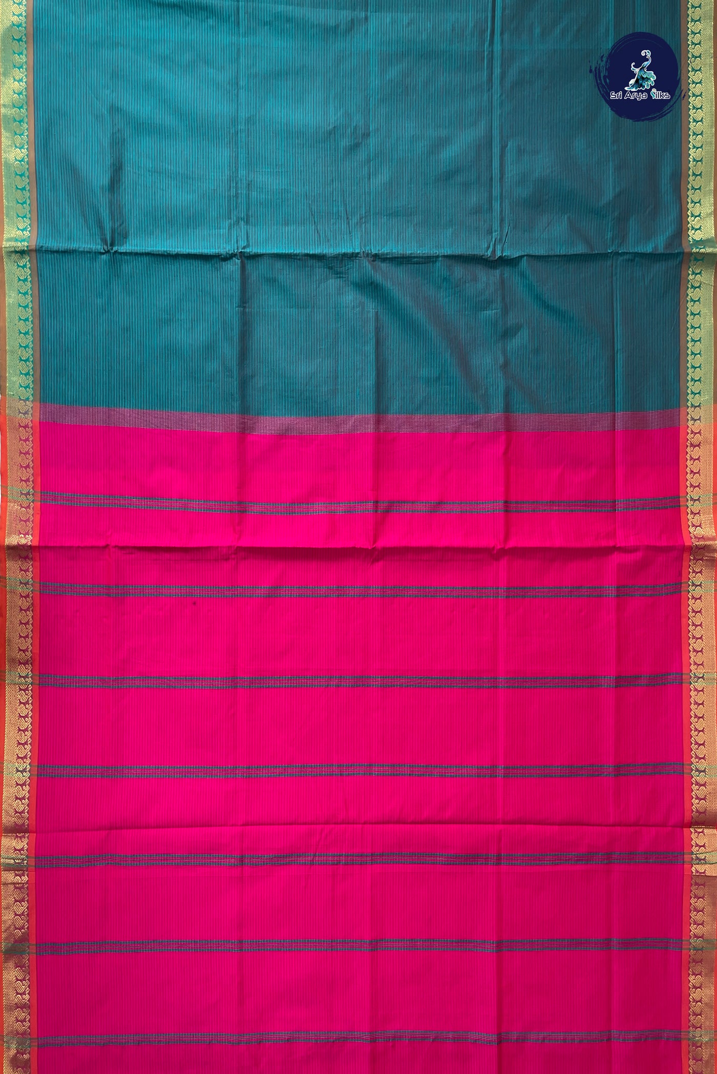 Teal Half Pure Silk Cotton Saree With Doria Lines Pattern