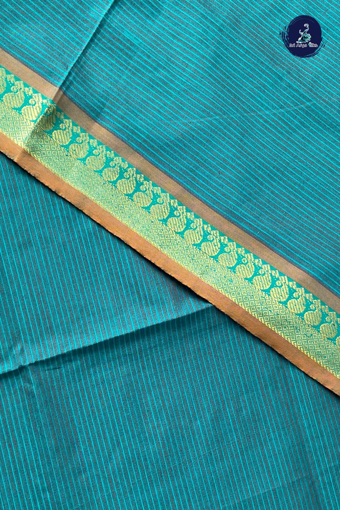 Teal Half Pure Silk Cotton Saree With Doria Lines Pattern