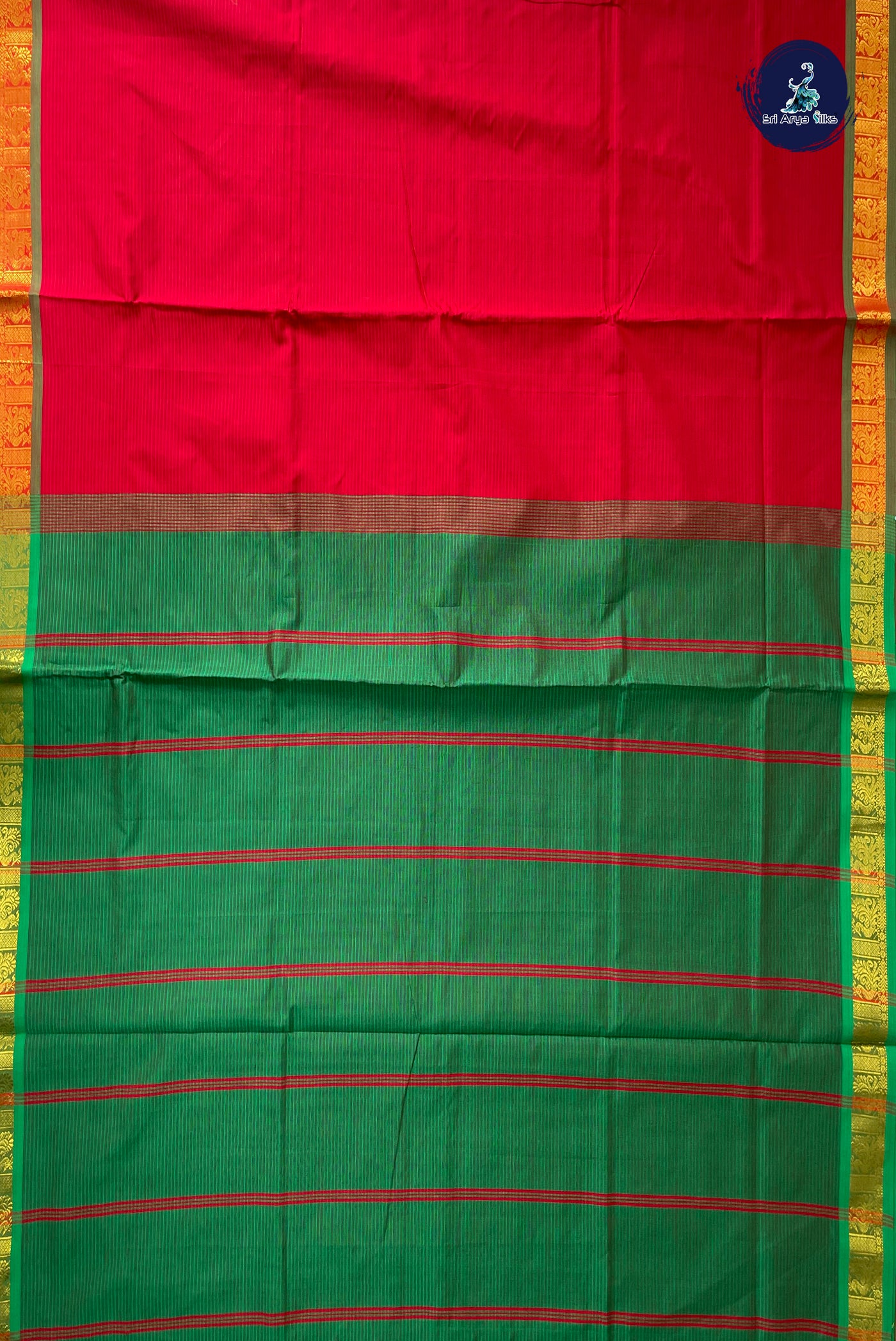 Red Half Pure Silk Cotton Saree With Doria Lines Pattern