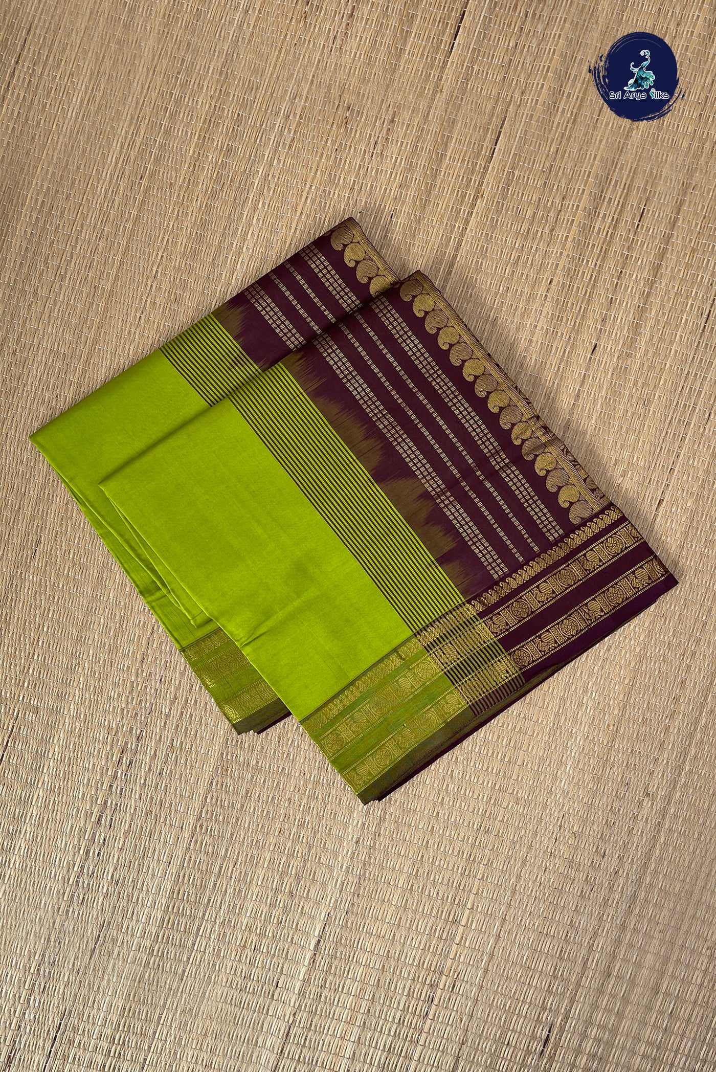 Lime Green Half Pure Silk Cotton Saree With Plain Pattern