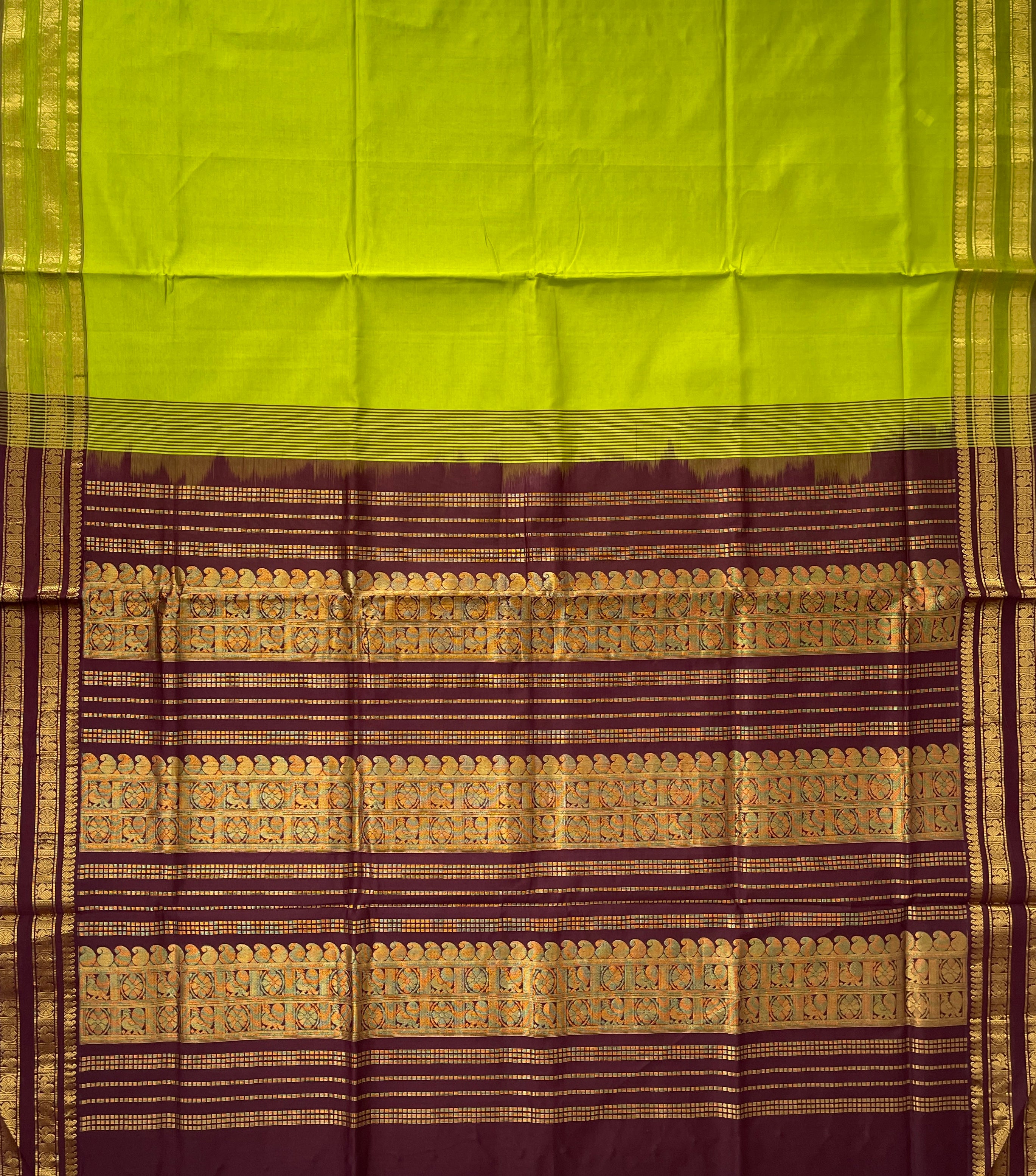Lime Green Half Pure Silk Cotton Saree With Plain Pattern