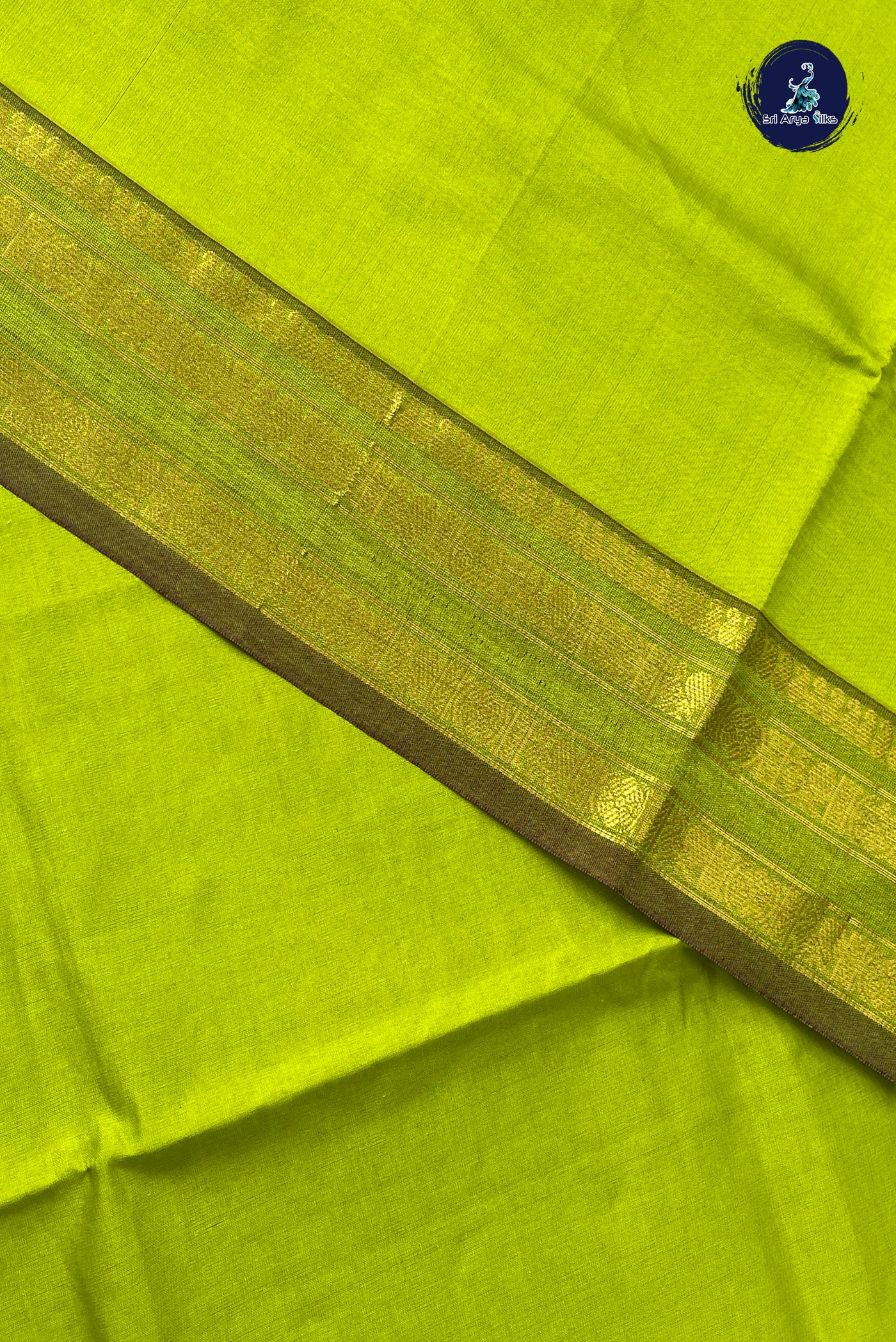 Lime Green Half Pure Silk Cotton Saree With Plain Pattern