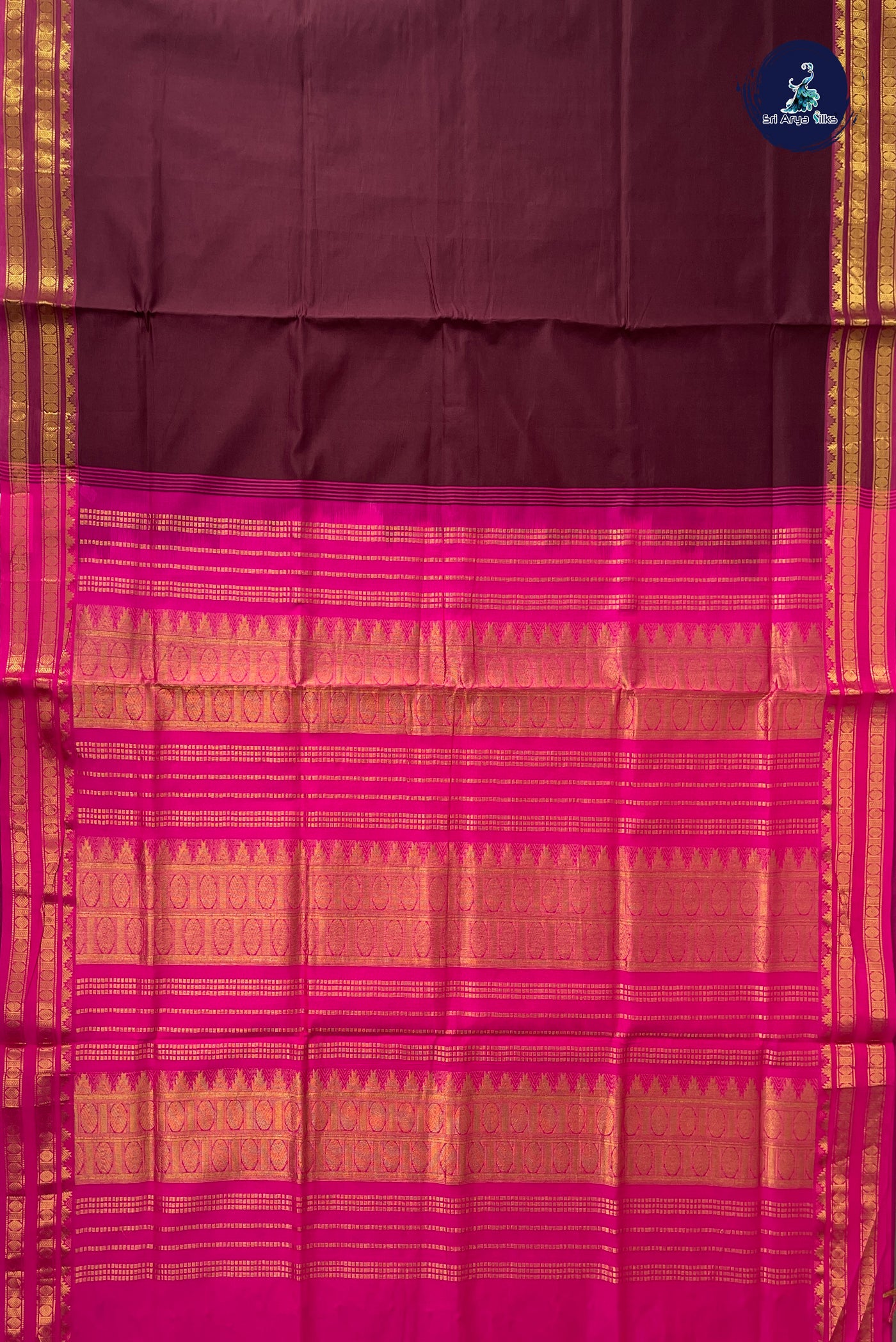 Brown Half Pure Silk Cotton Saree With Plain Pattern
