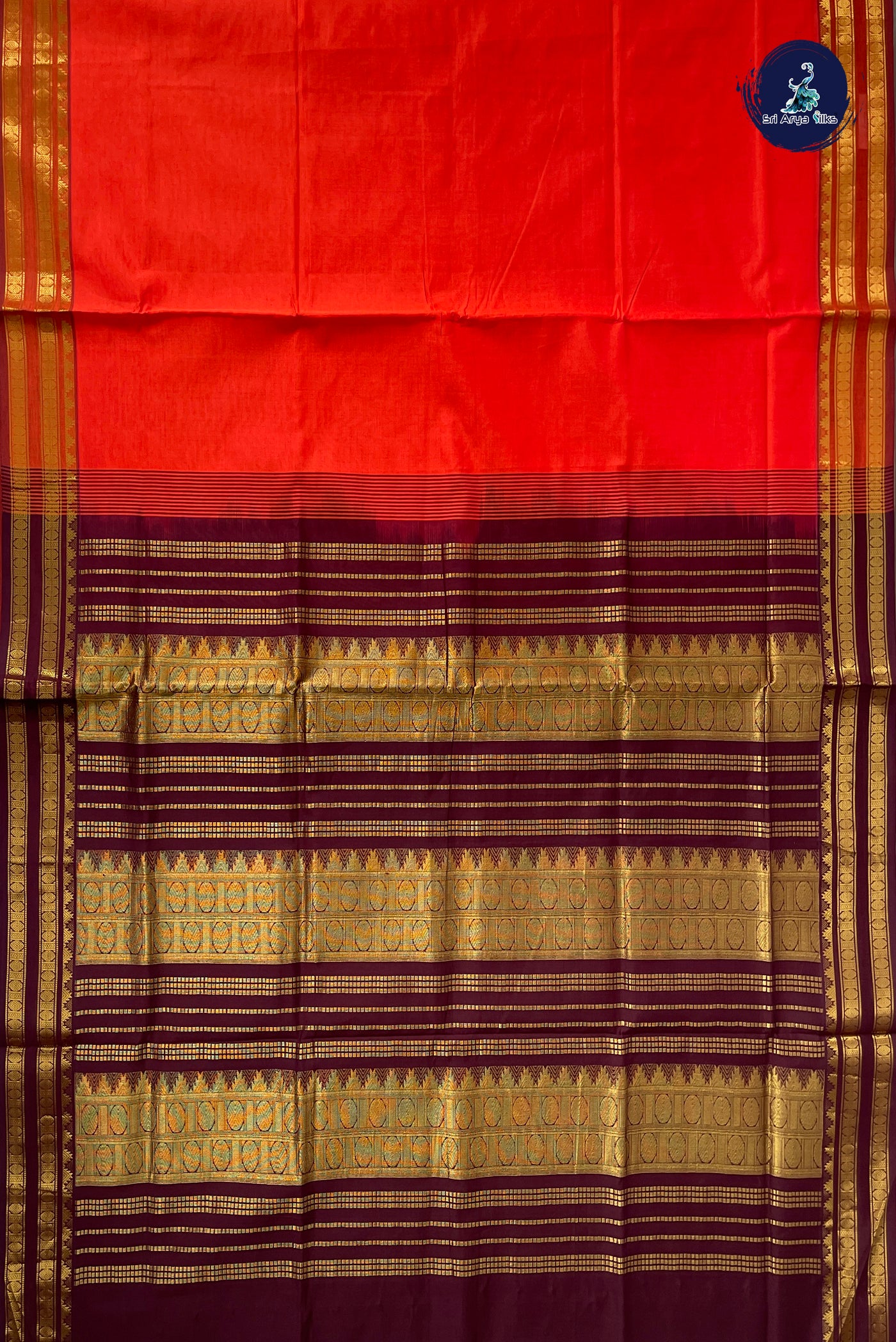 Orange Half Pure Silk Cotton Saree With Plain Pattern