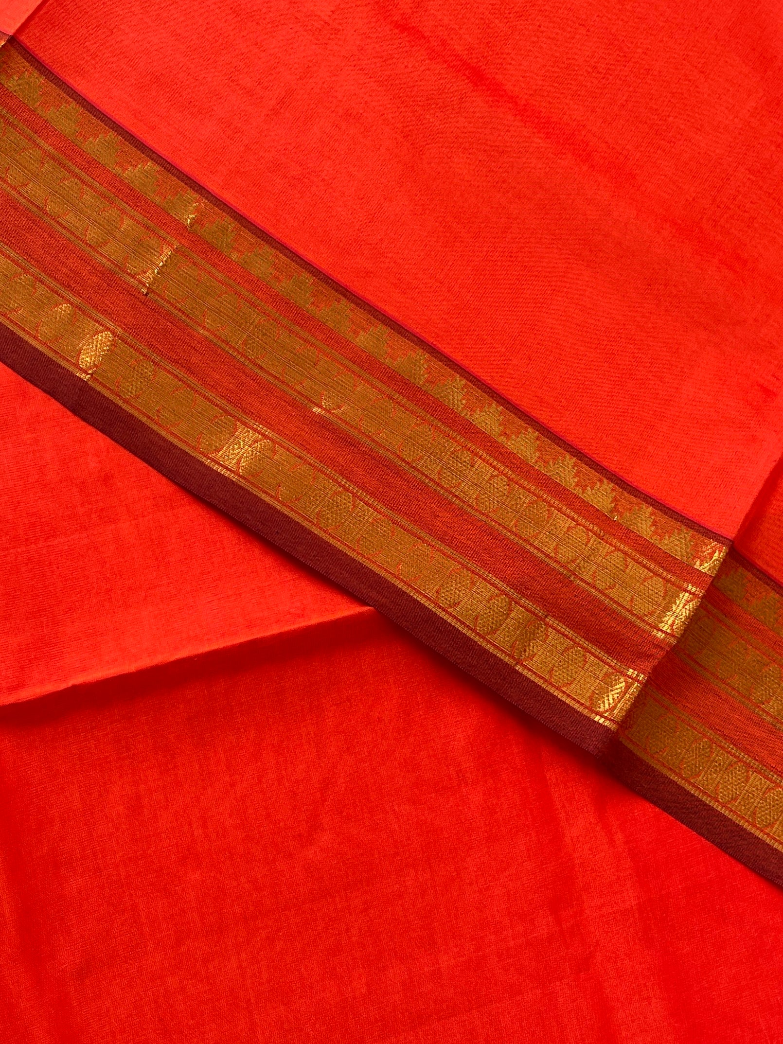Orange Half Pure Silk Cotton Saree With Plain Pattern