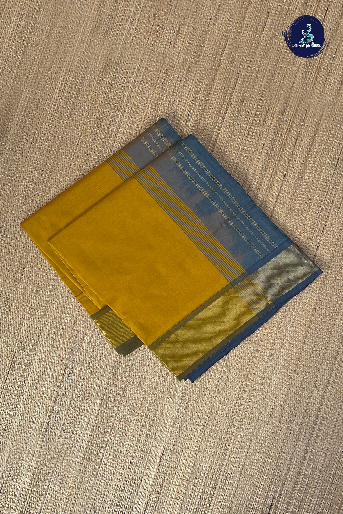 Mustard Yellow Half Pure Silk Cotton Saree With Plain Pattern