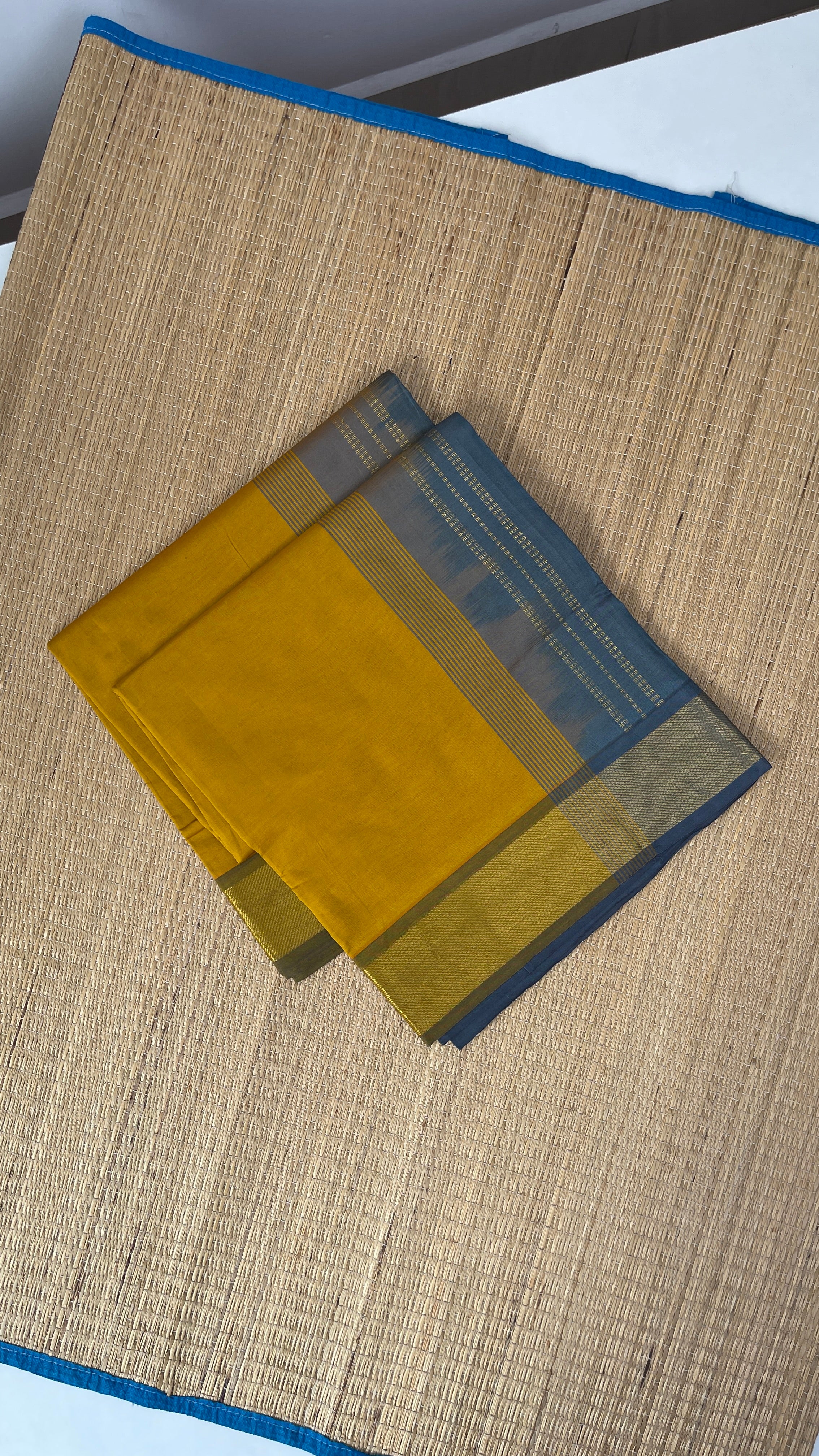 Mustard Yellow Half Pure Silk Cotton Saree With Plain Pattern