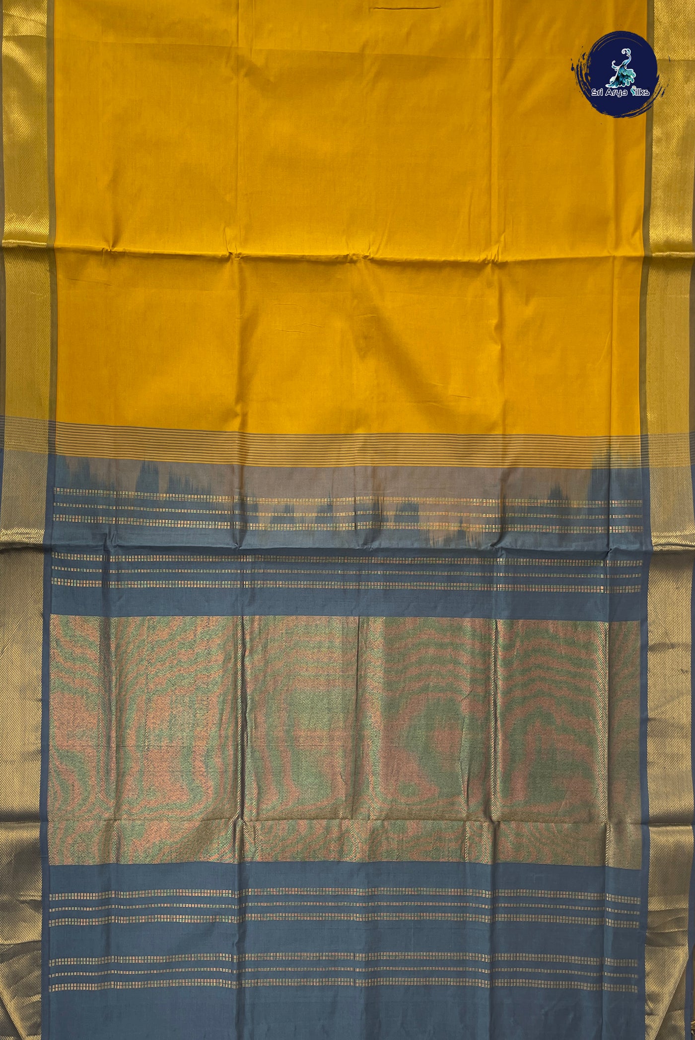 Mustard Yellow Half Pure Silk Cotton Saree With Plain Pattern