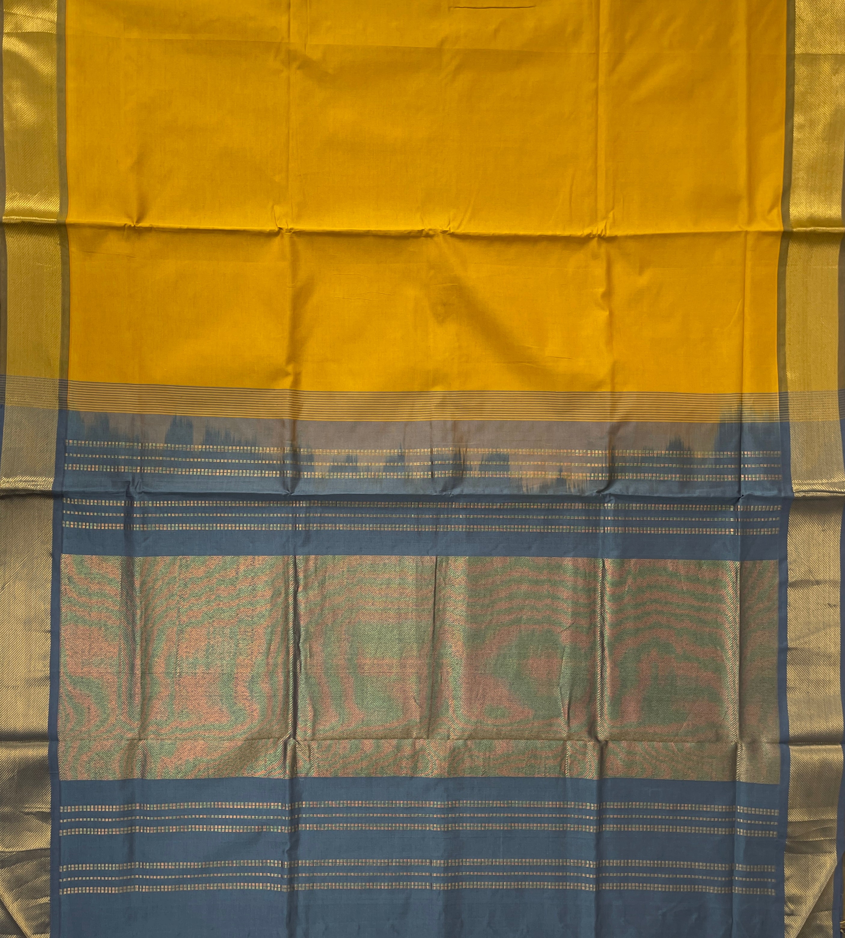 Mustard Yellow Half Pure Silk Cotton Saree With Plain Pattern