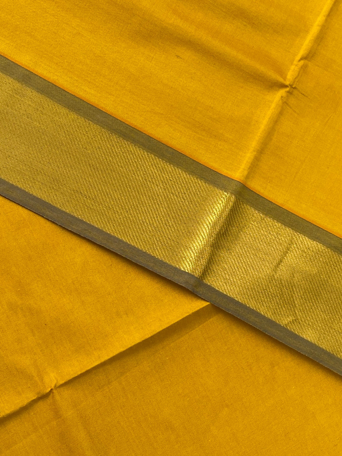 Mustard Yellow Half Pure Silk Cotton Saree With Plain Pattern