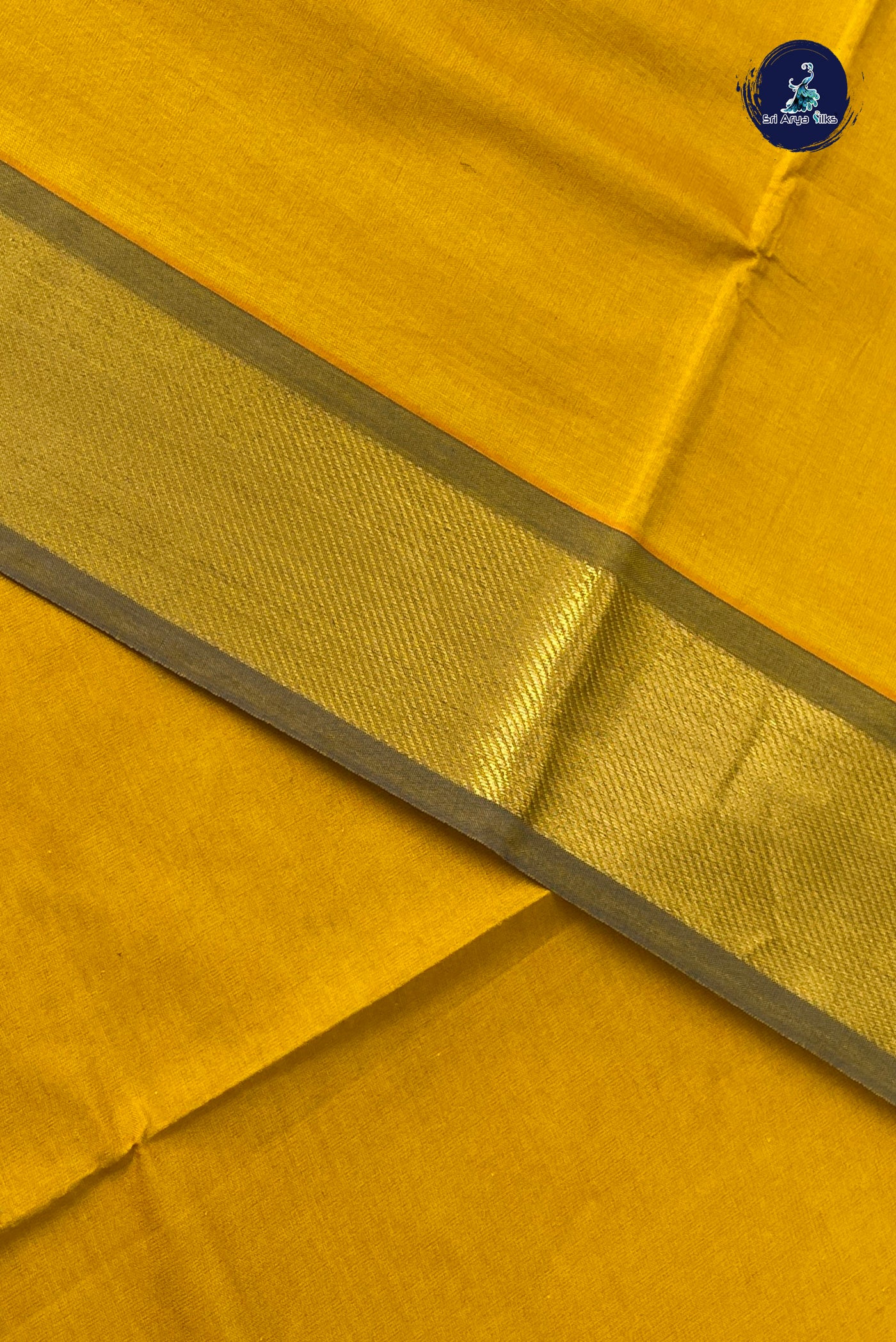 Mustard Yellow Half Pure Silk Cotton Saree With Plain Pattern
