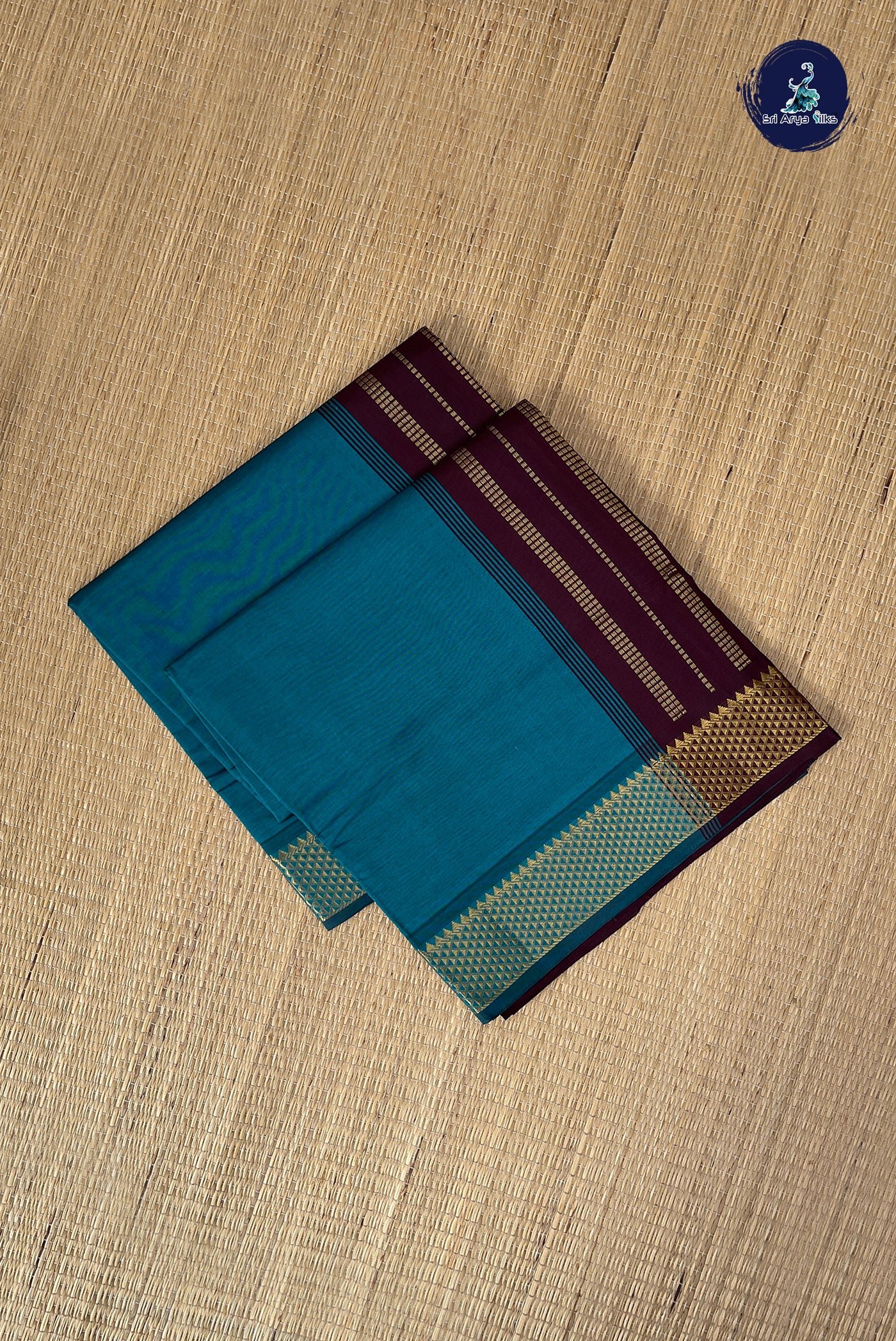 Peacock Blue Half Pure Silk Cotton Saree With Plain Pattern
