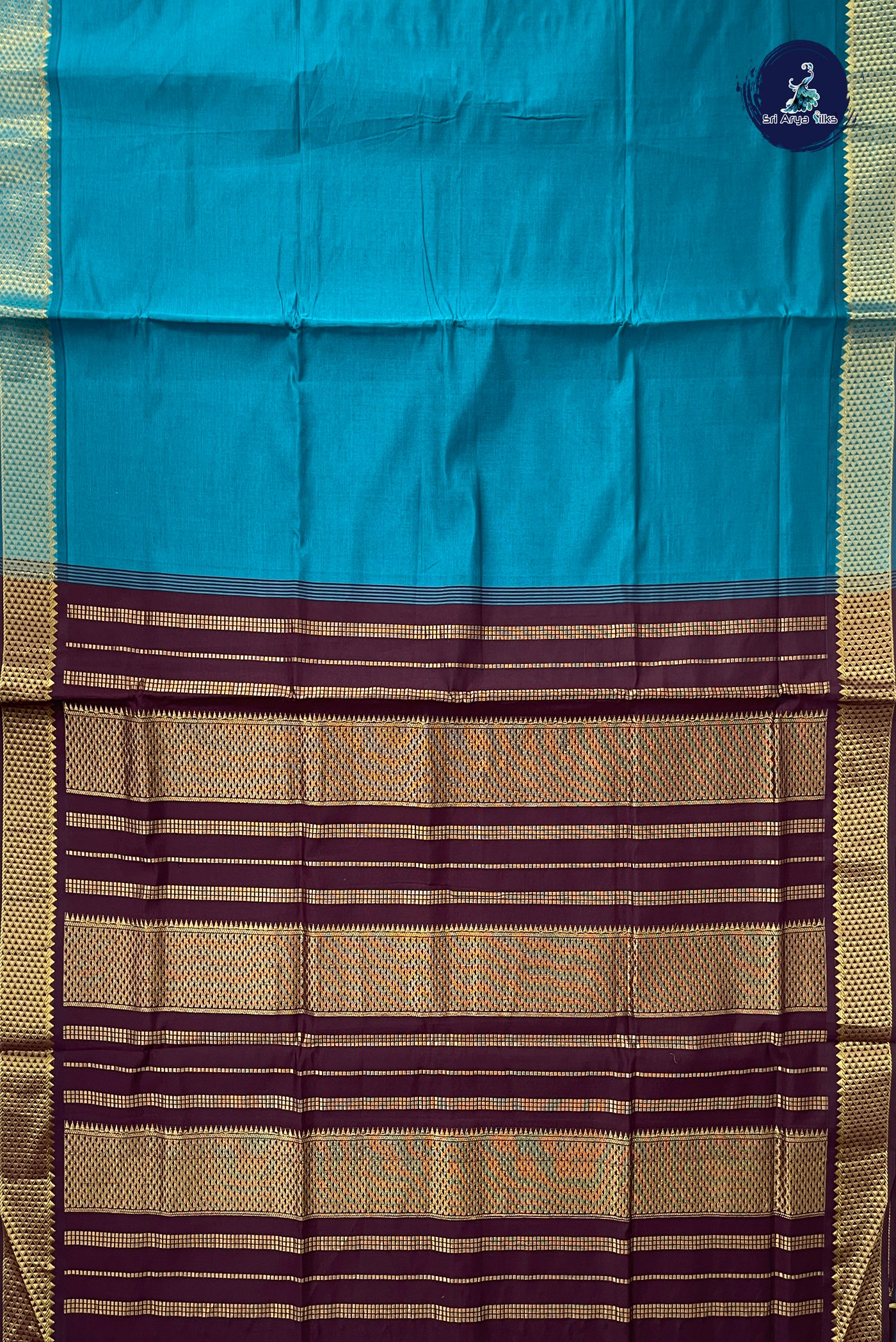 Peacock Blue Half Pure Silk Cotton Saree With Plain Pattern