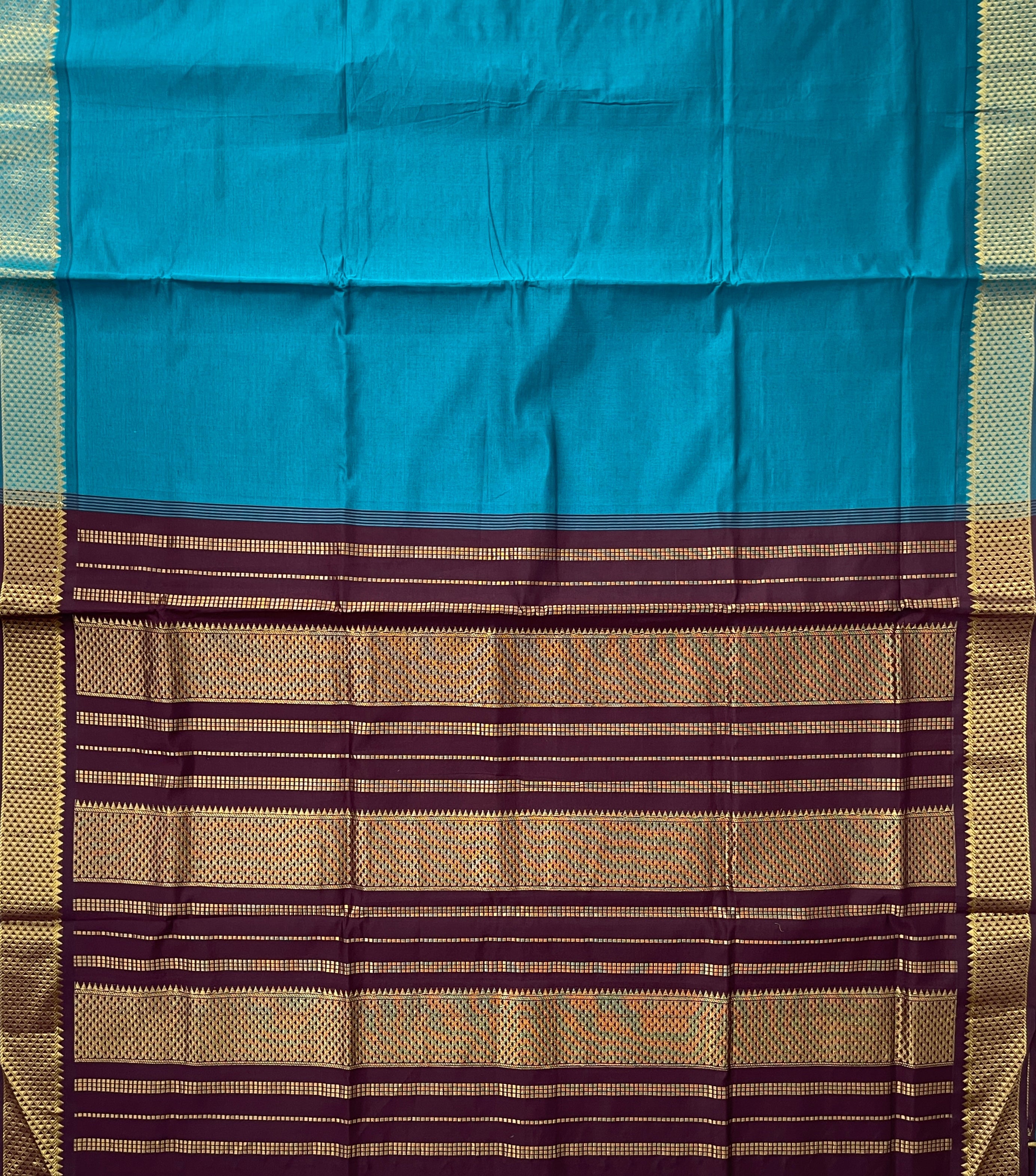 Peacock Blue Half Pure Silk Cotton Saree With Plain Pattern