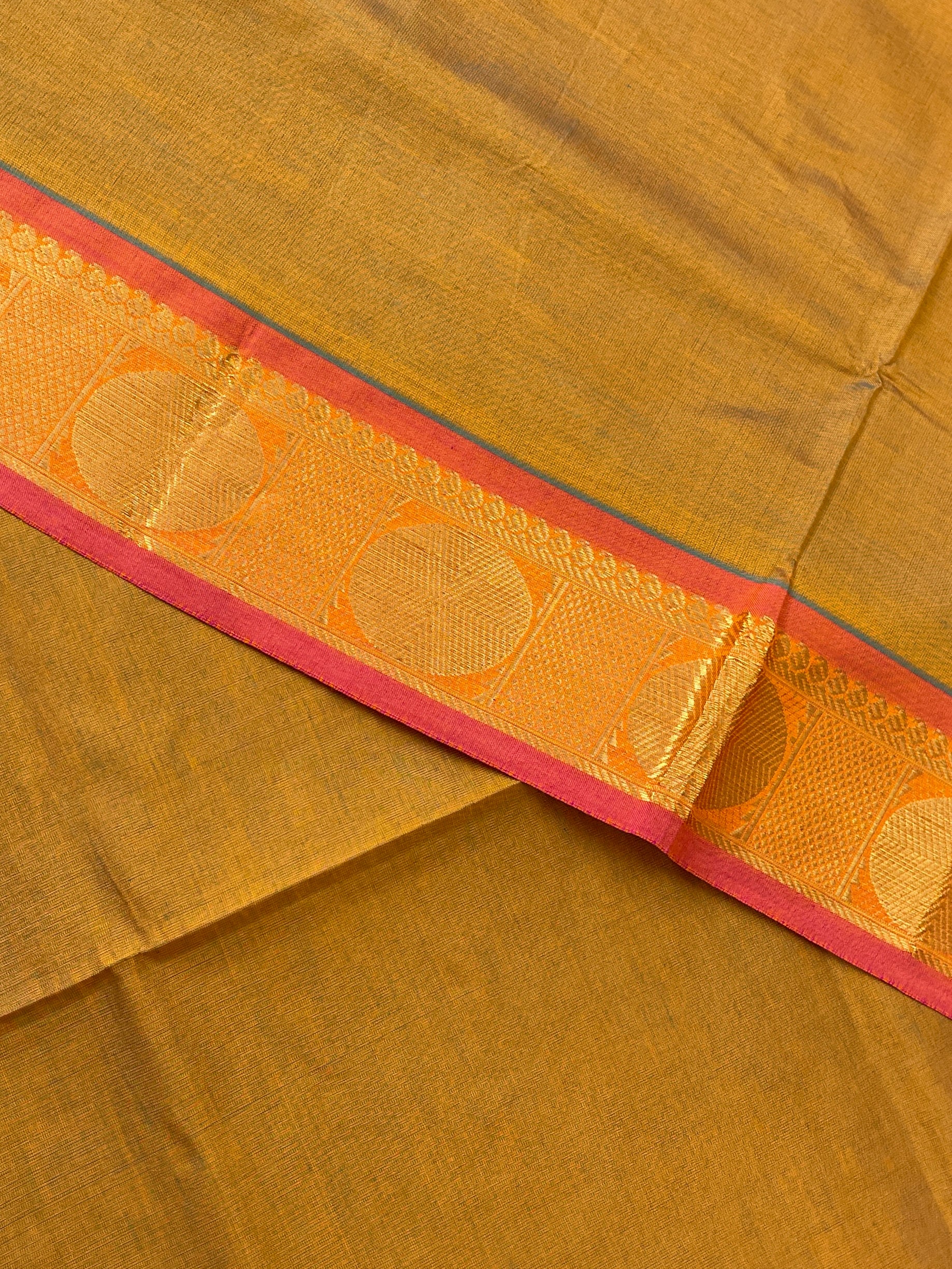 Golden Mustard Half Pure Silk Cotton Saree With Plain Pattern