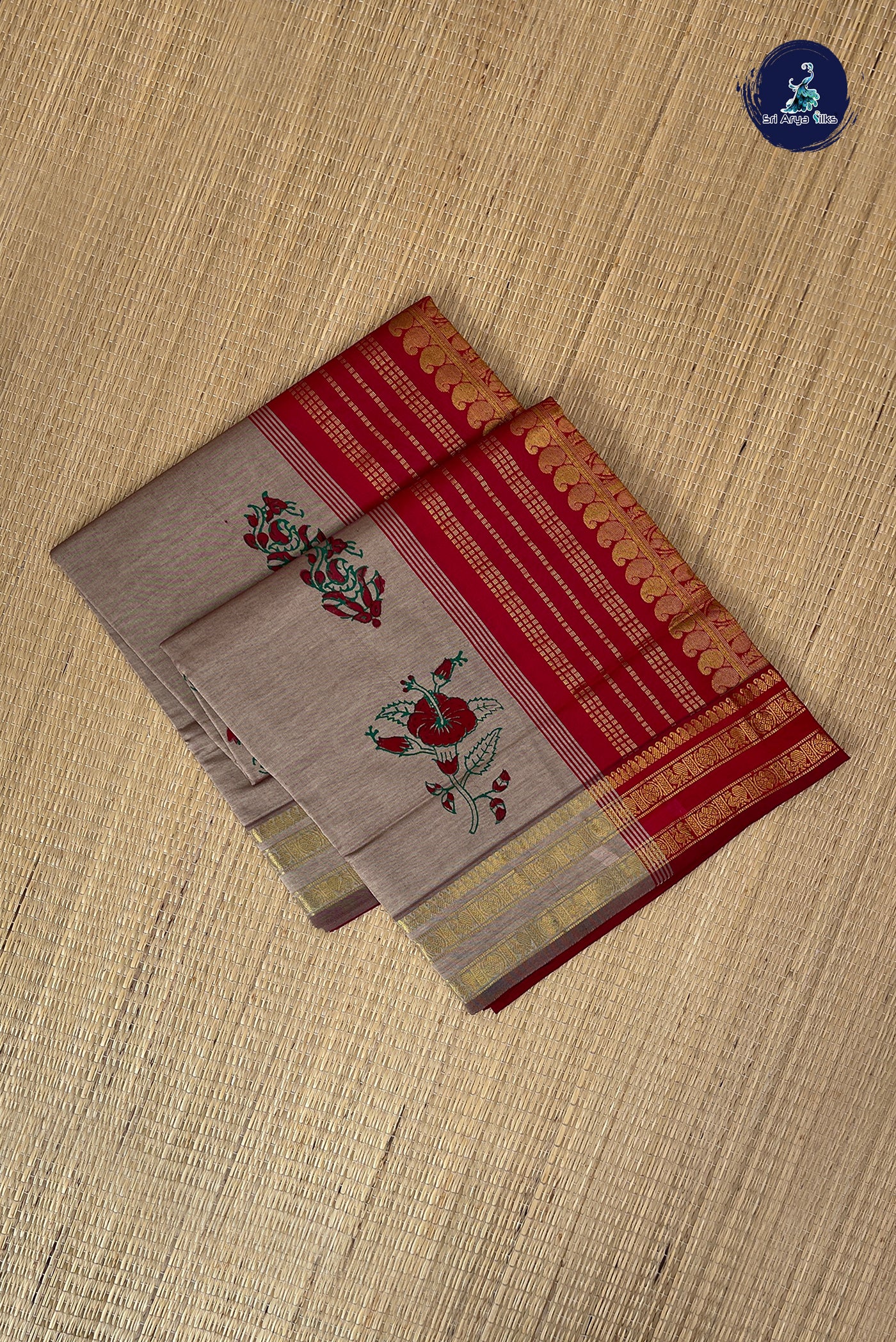 Beige Half Pure Silk Cotton Saree With Printed Pattern
