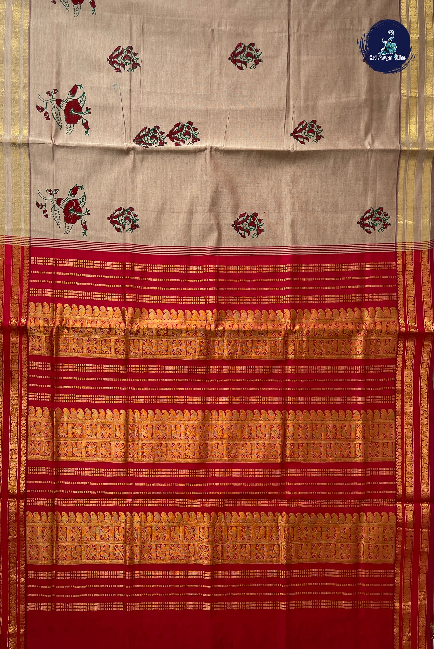 Beige Half Pure Silk Cotton Saree With Printed Pattern