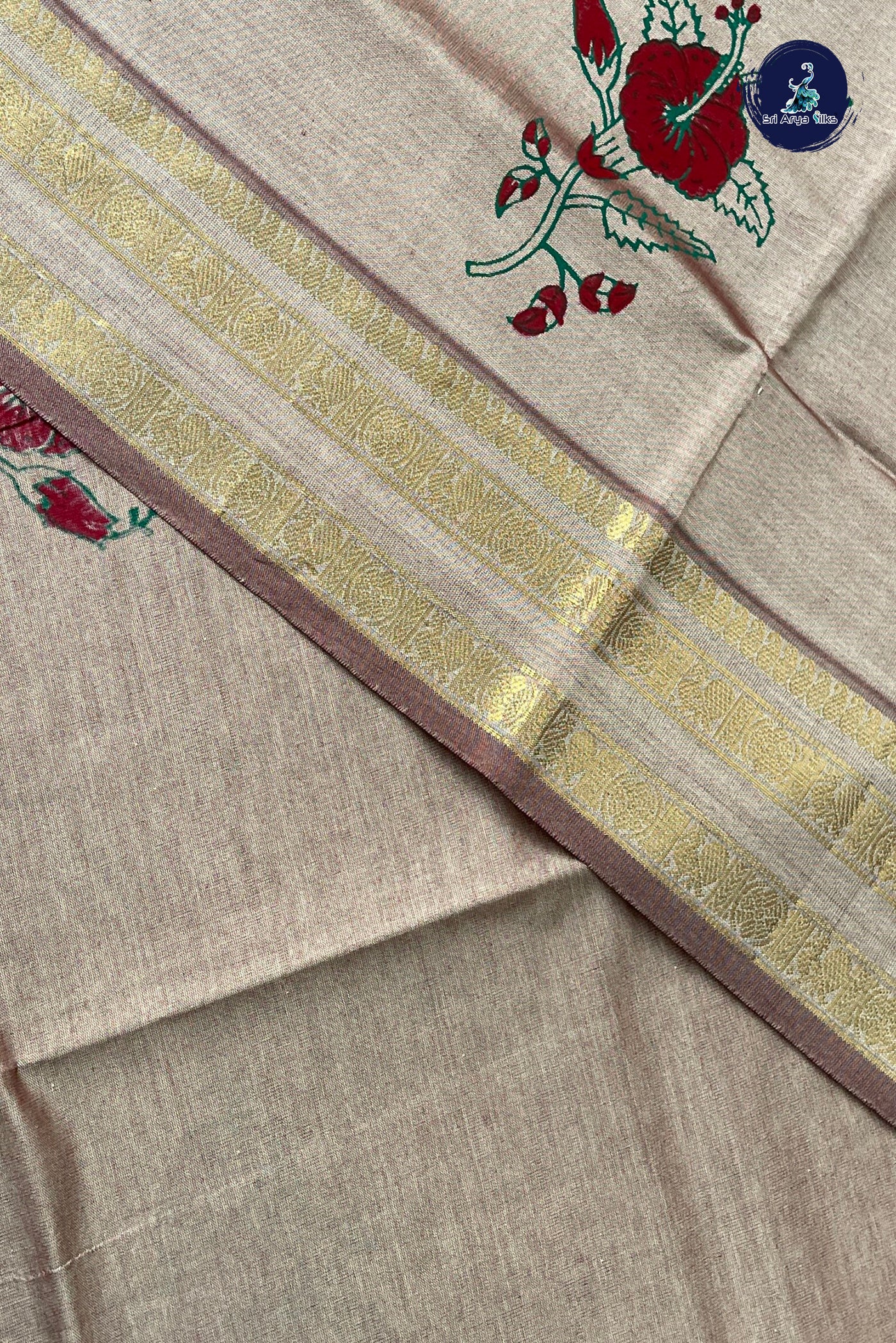 Beige Half Pure Silk Cotton Saree With Printed Pattern