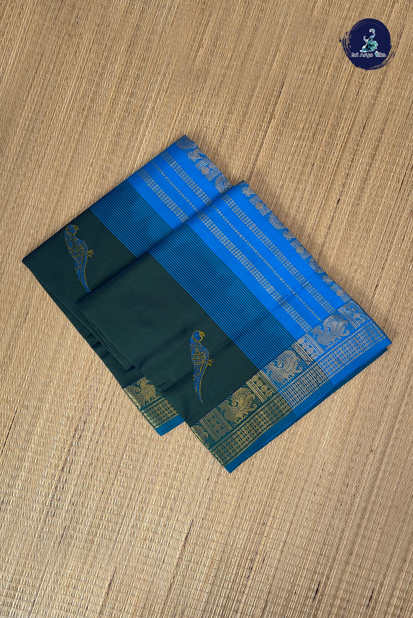 Dark Green Half Pure Silk Cotton Saree With Printed Pattern