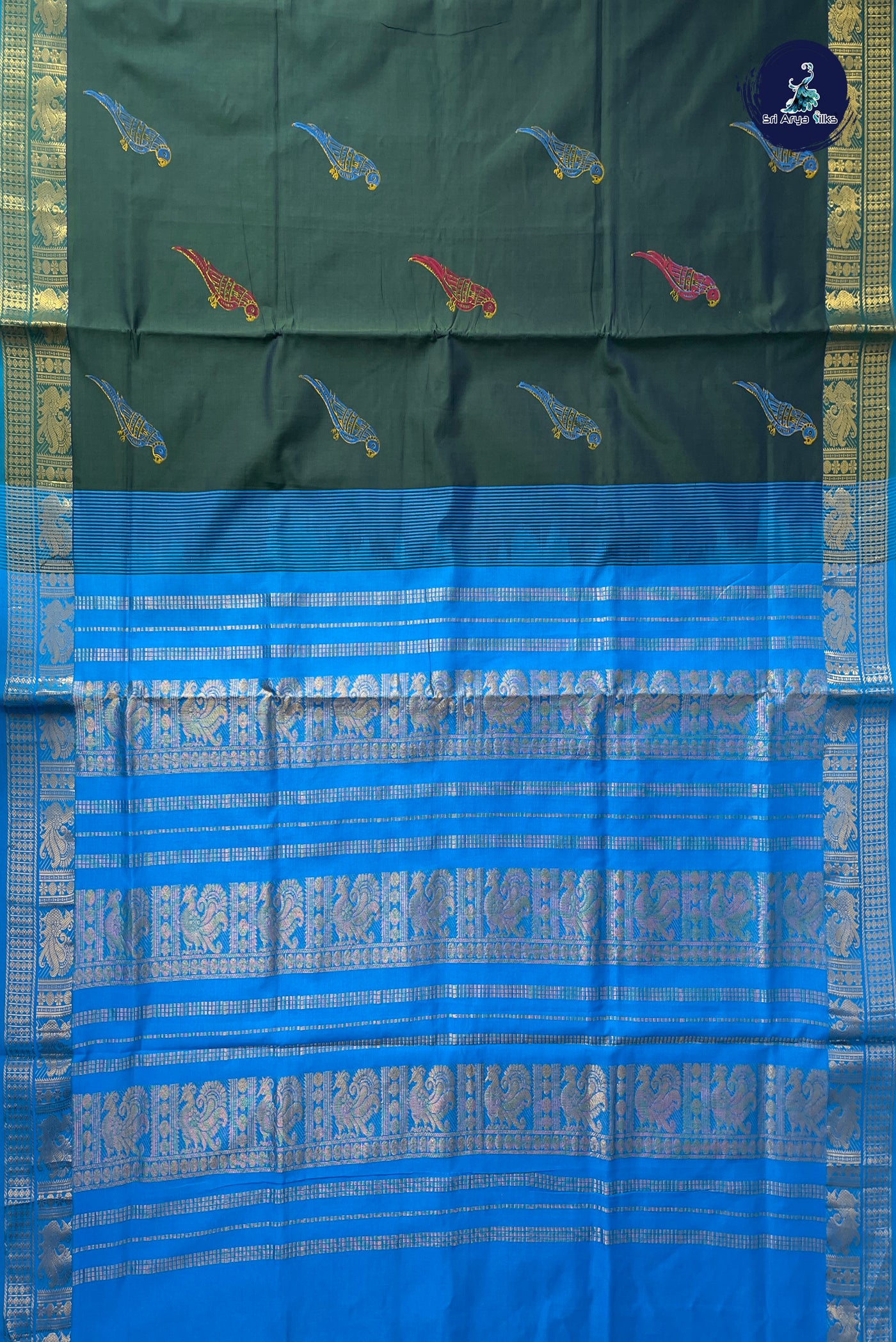 Dark Green Half Pure Silk Cotton Saree With Printed Pattern