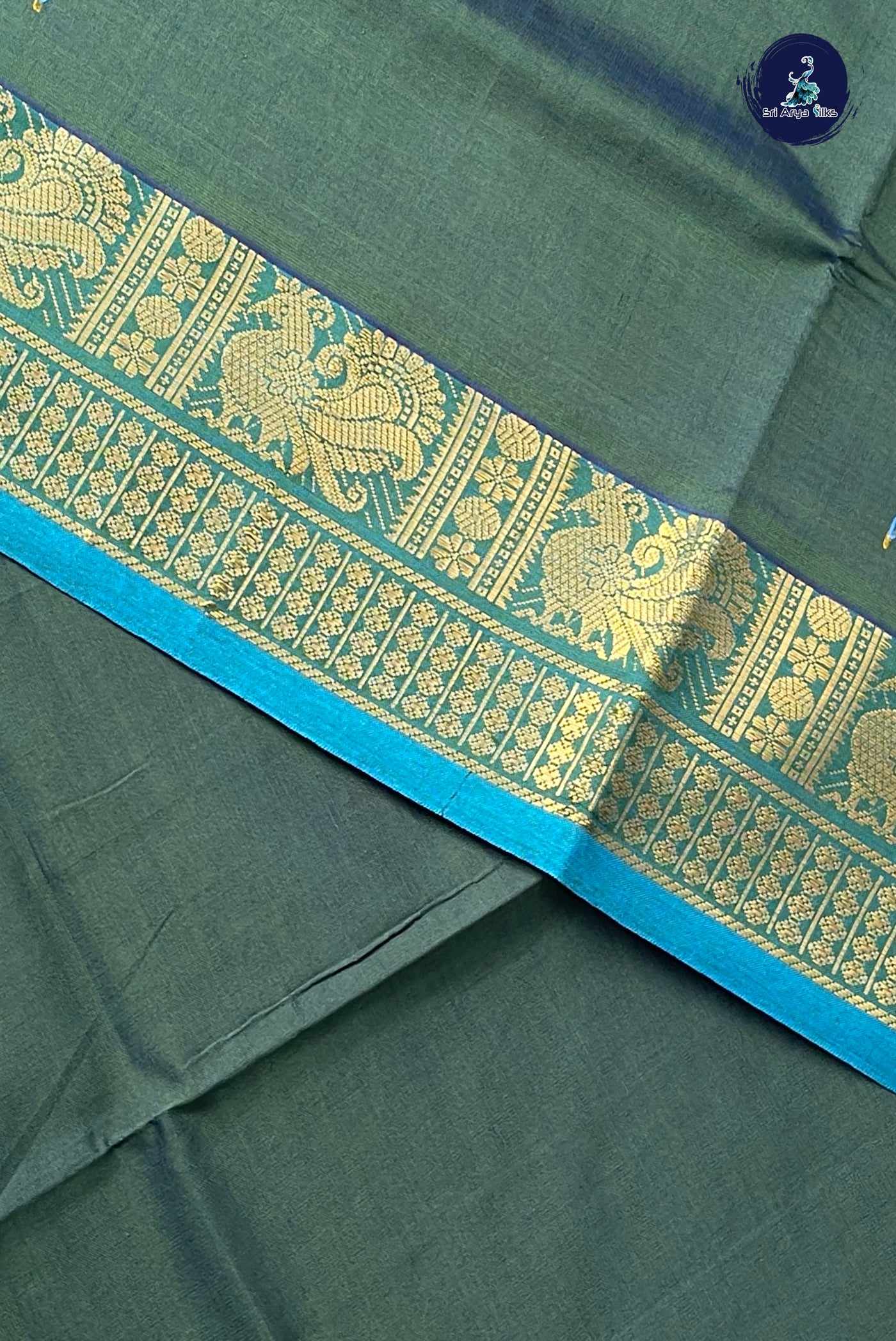 Dark Green Half Pure Silk Cotton Saree With Printed Pattern