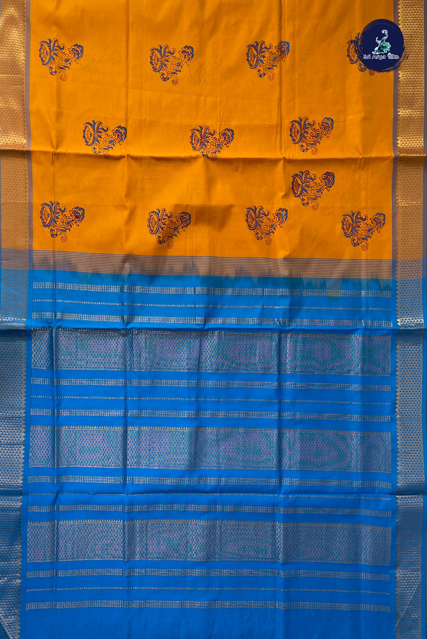 Mustard Yellow Half Pure Silk Cotton Saree With Printed Pattern