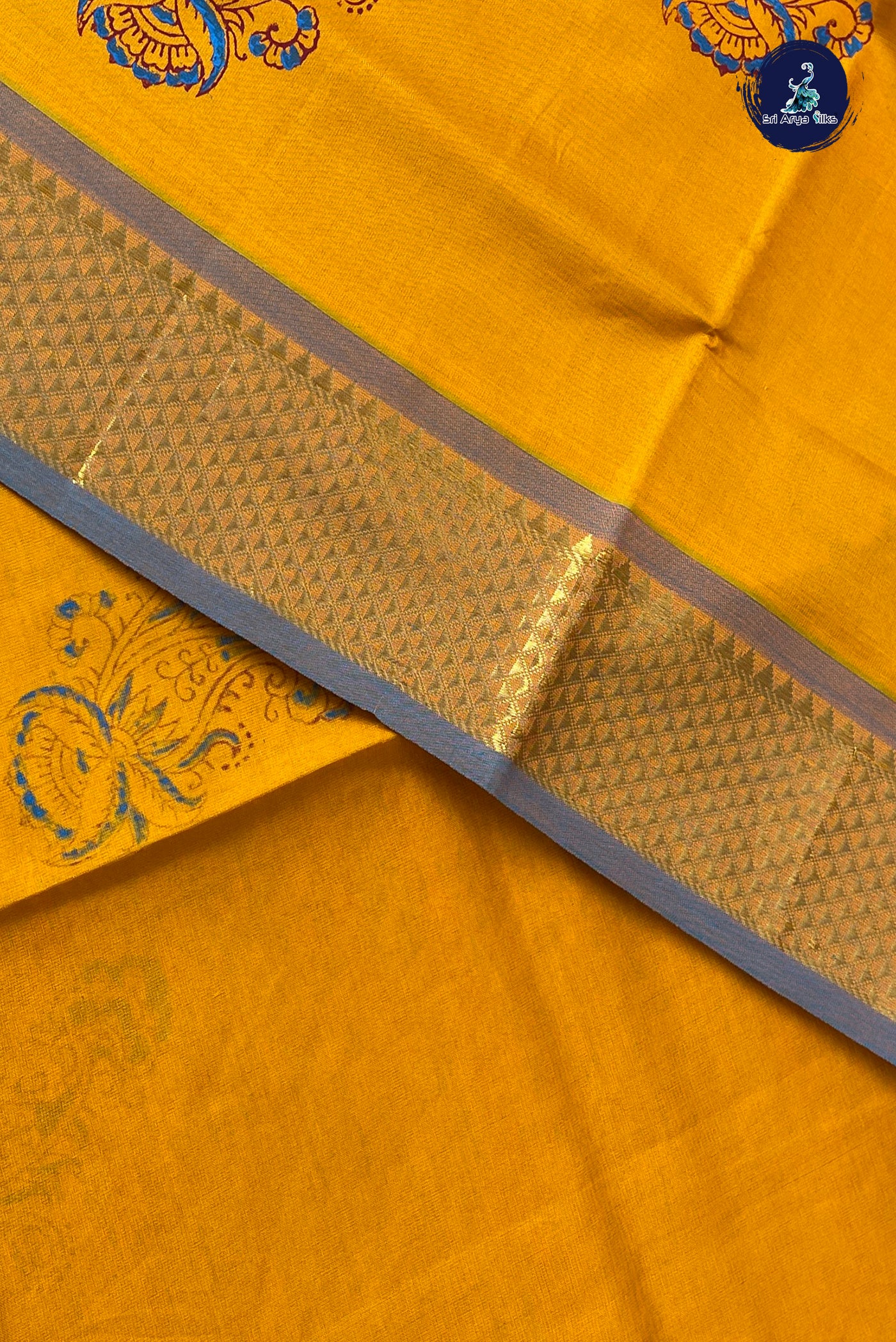 Mustard Yellow Half Pure Silk Cotton Saree With Printed Pattern