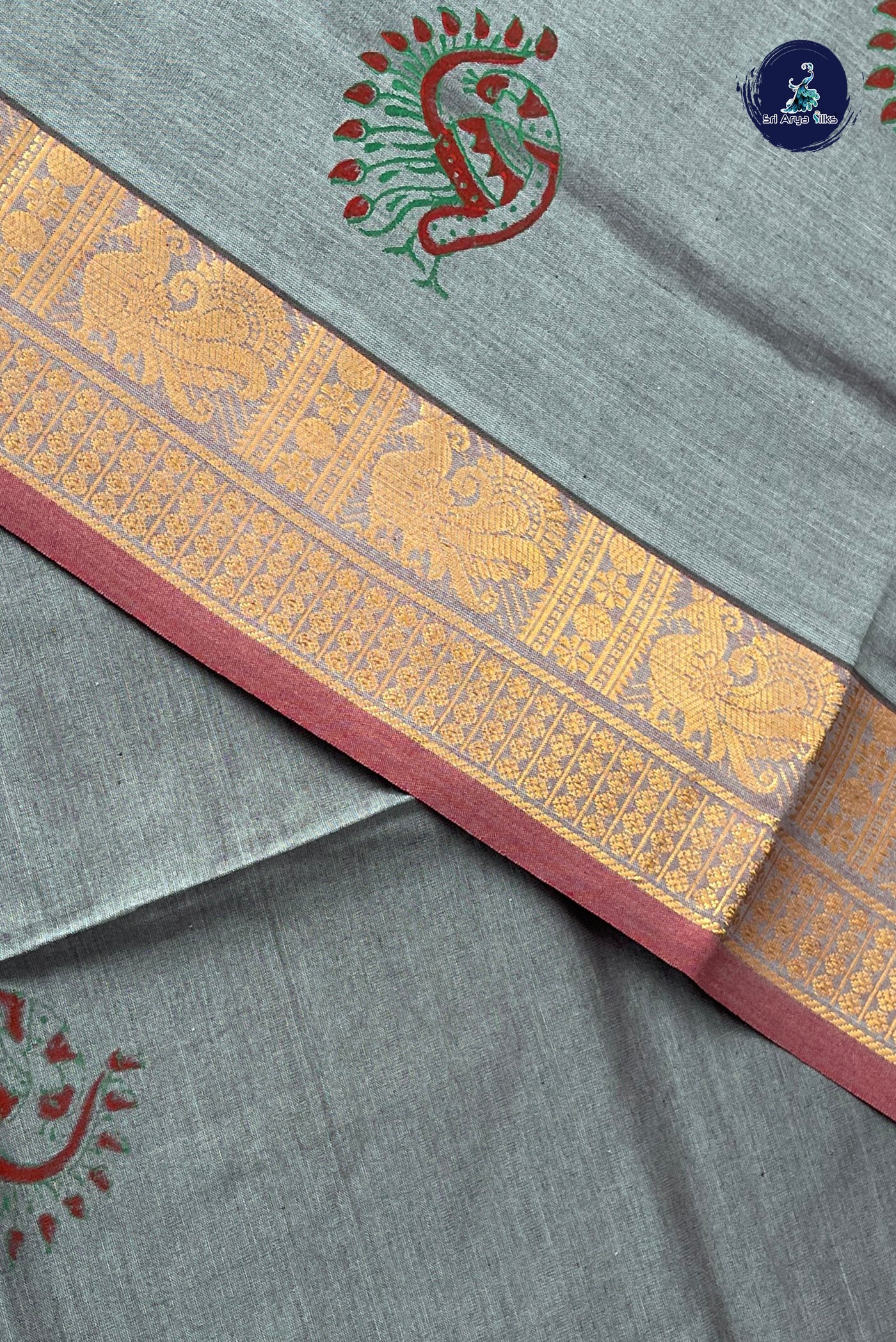 Grey Half Pure Silk Cotton Saree With Printed Pattern