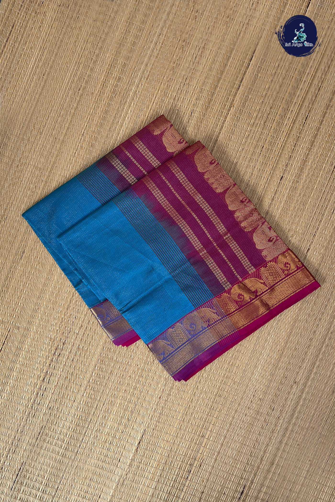 Copper Sulphate Blue Half Pure Silk Cotton Saree With Vaira Oosi Pattern