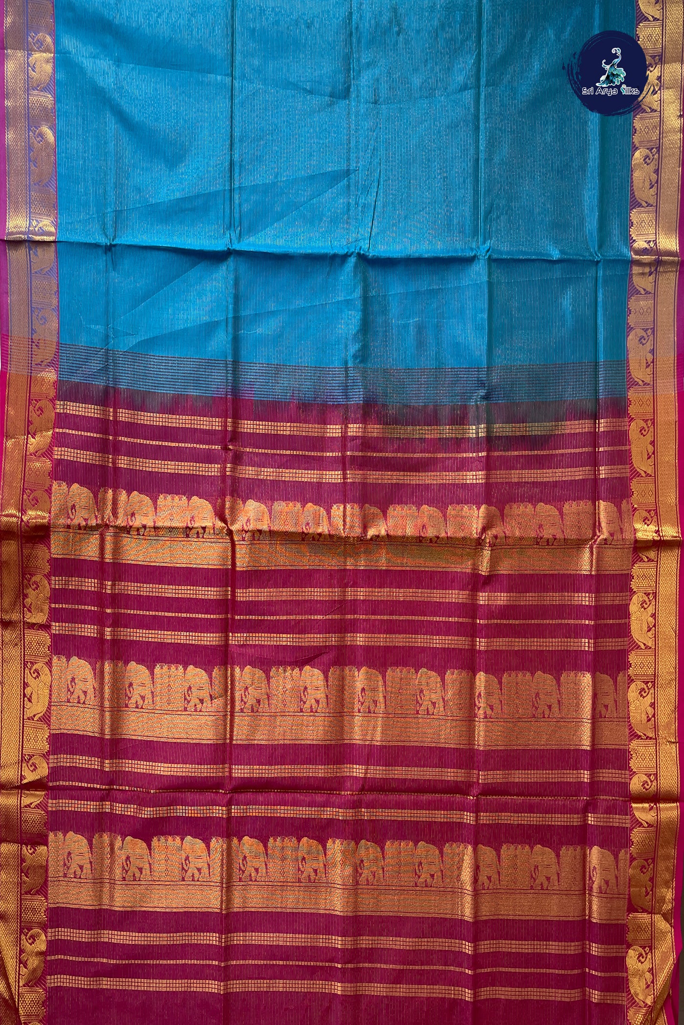 Copper Sulphate Blue Half Pure Silk Cotton Saree With Vaira Oosi Pattern