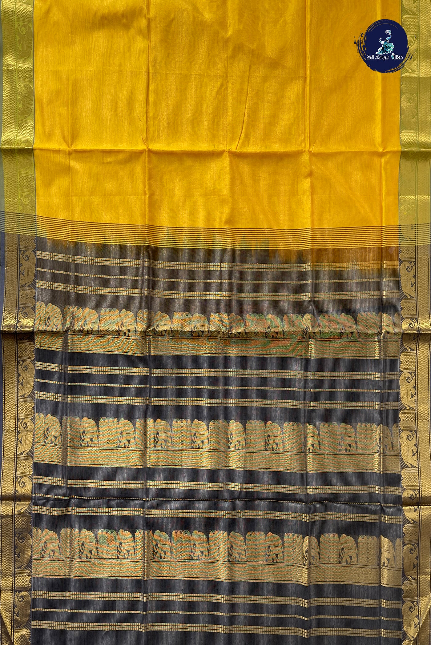 Lemon Yellow Half Pure Silk Cotton Saree With Vaira Oosi Pattern