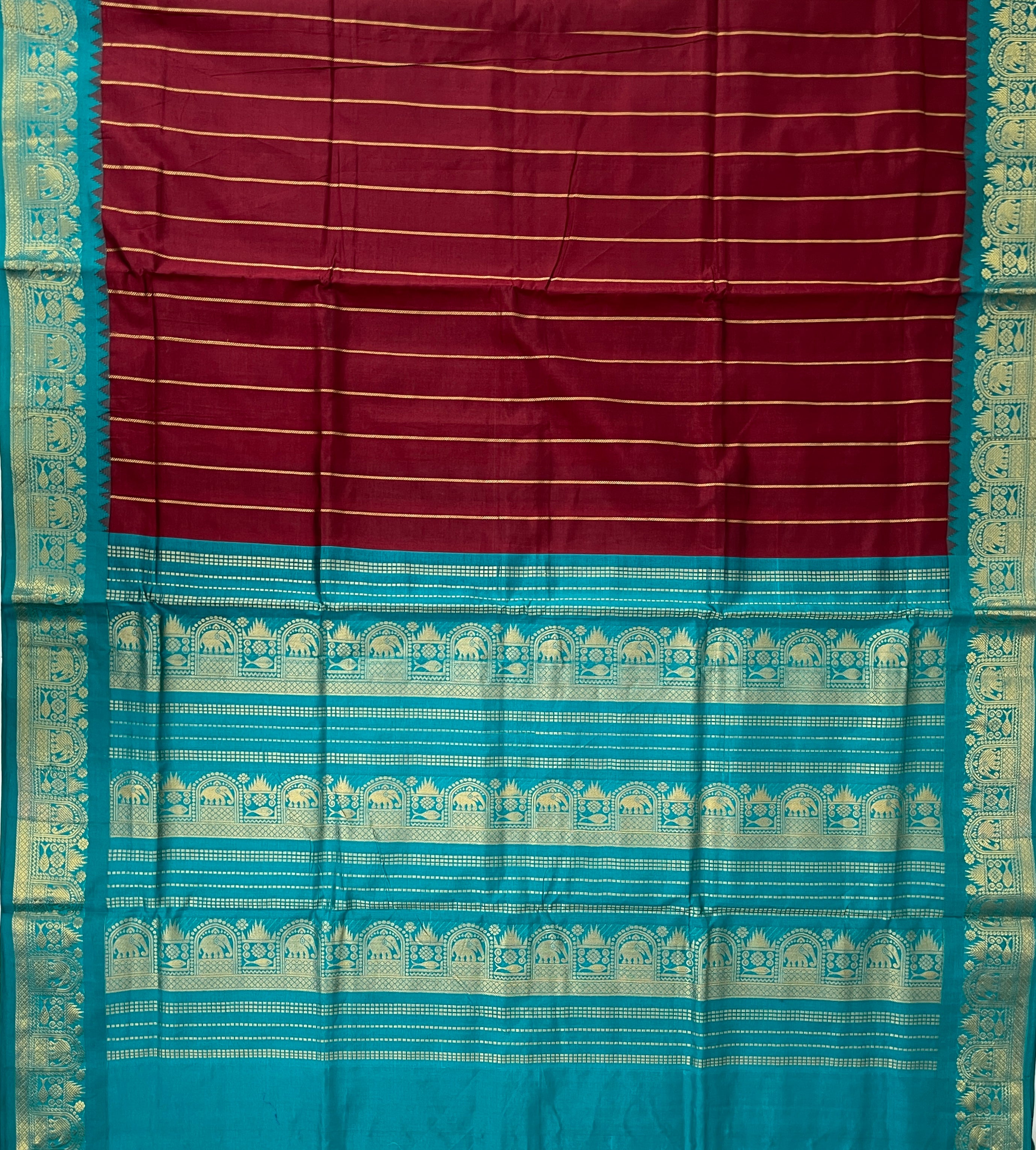 Brown Half Pure Silk Cotton Saree With Stripes Pattern