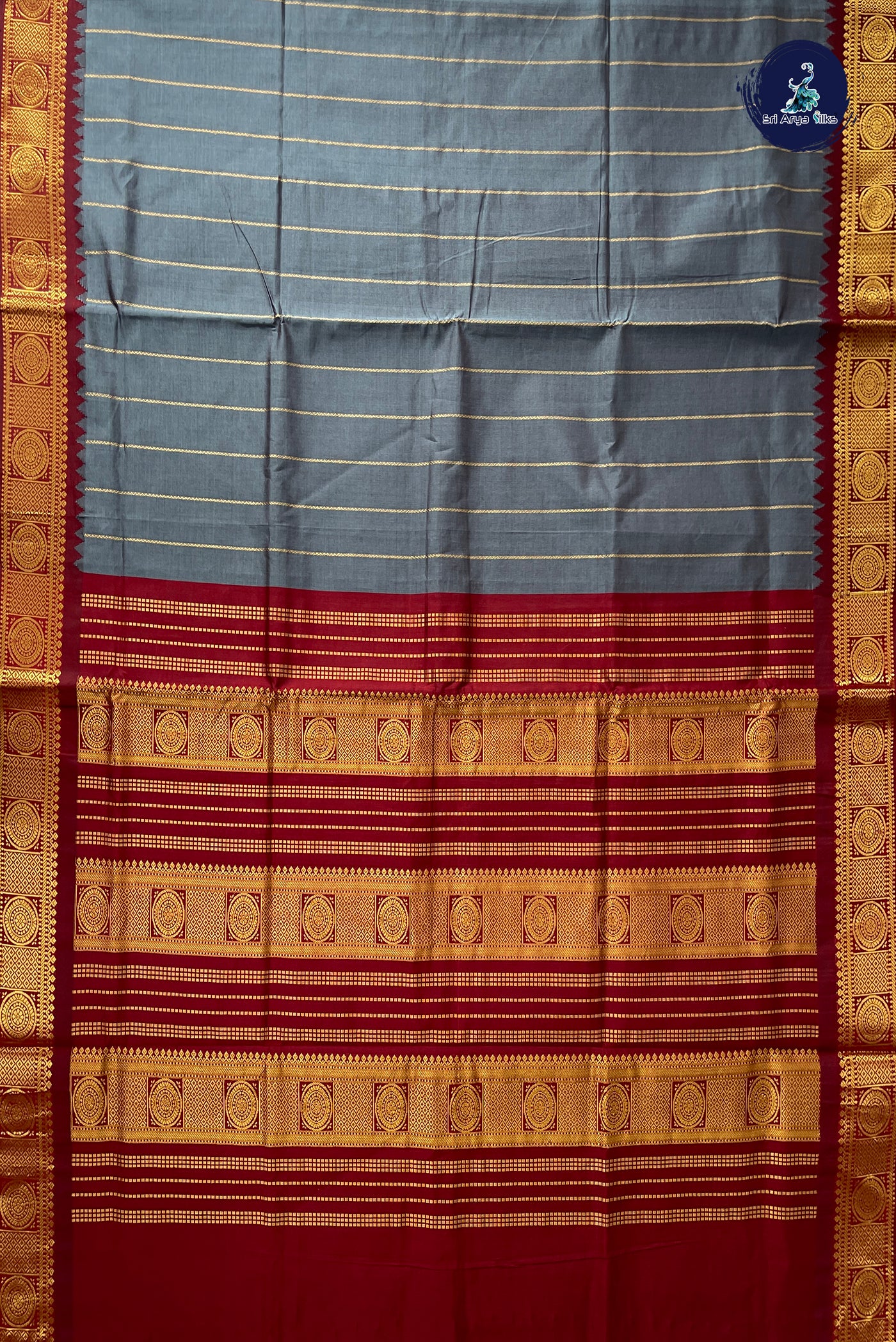 Grey Half Pure Silk Cotton Saree With Stripes Pattern