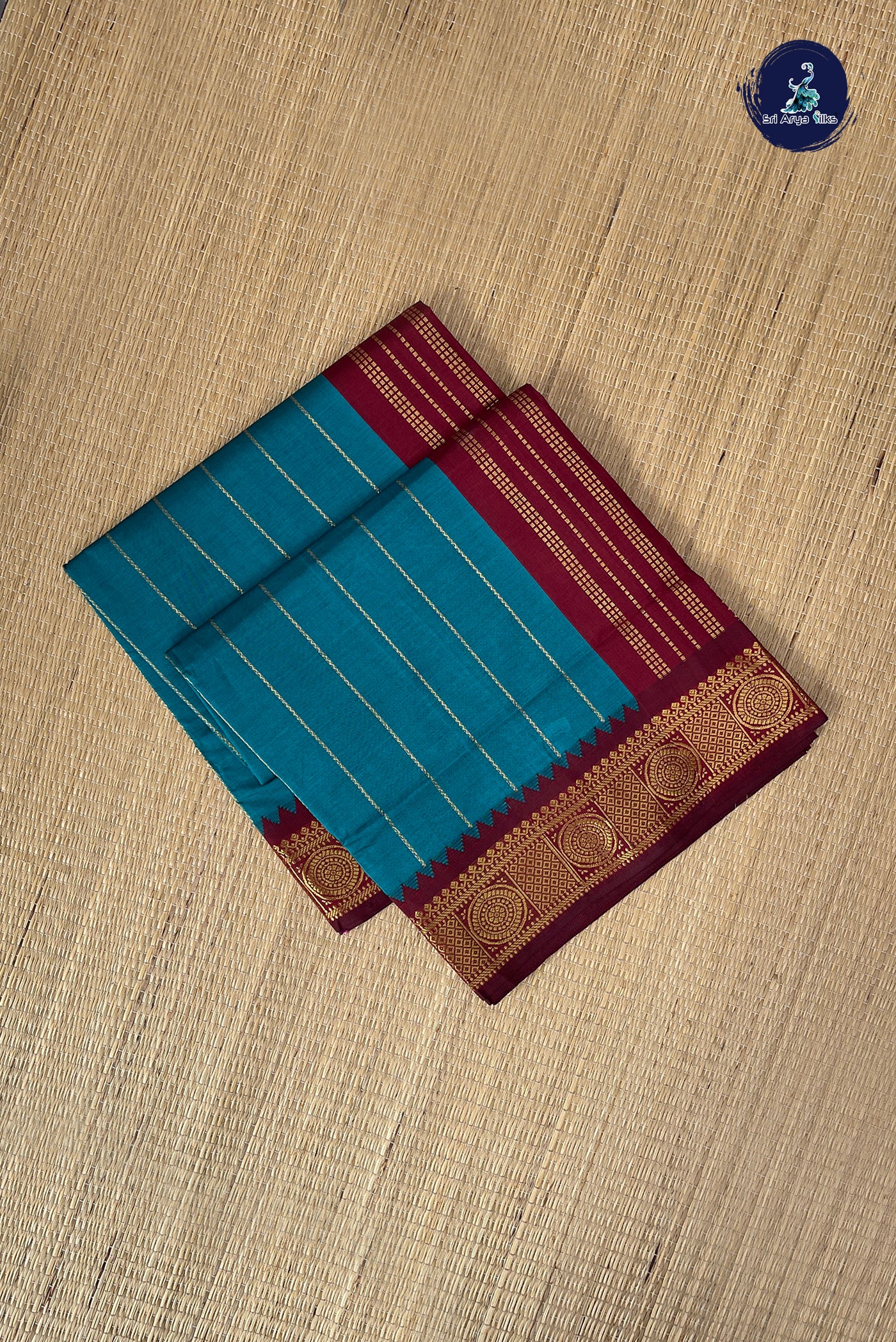 Teal Half Pure Silk Cotton Saree With Stripes Pattern