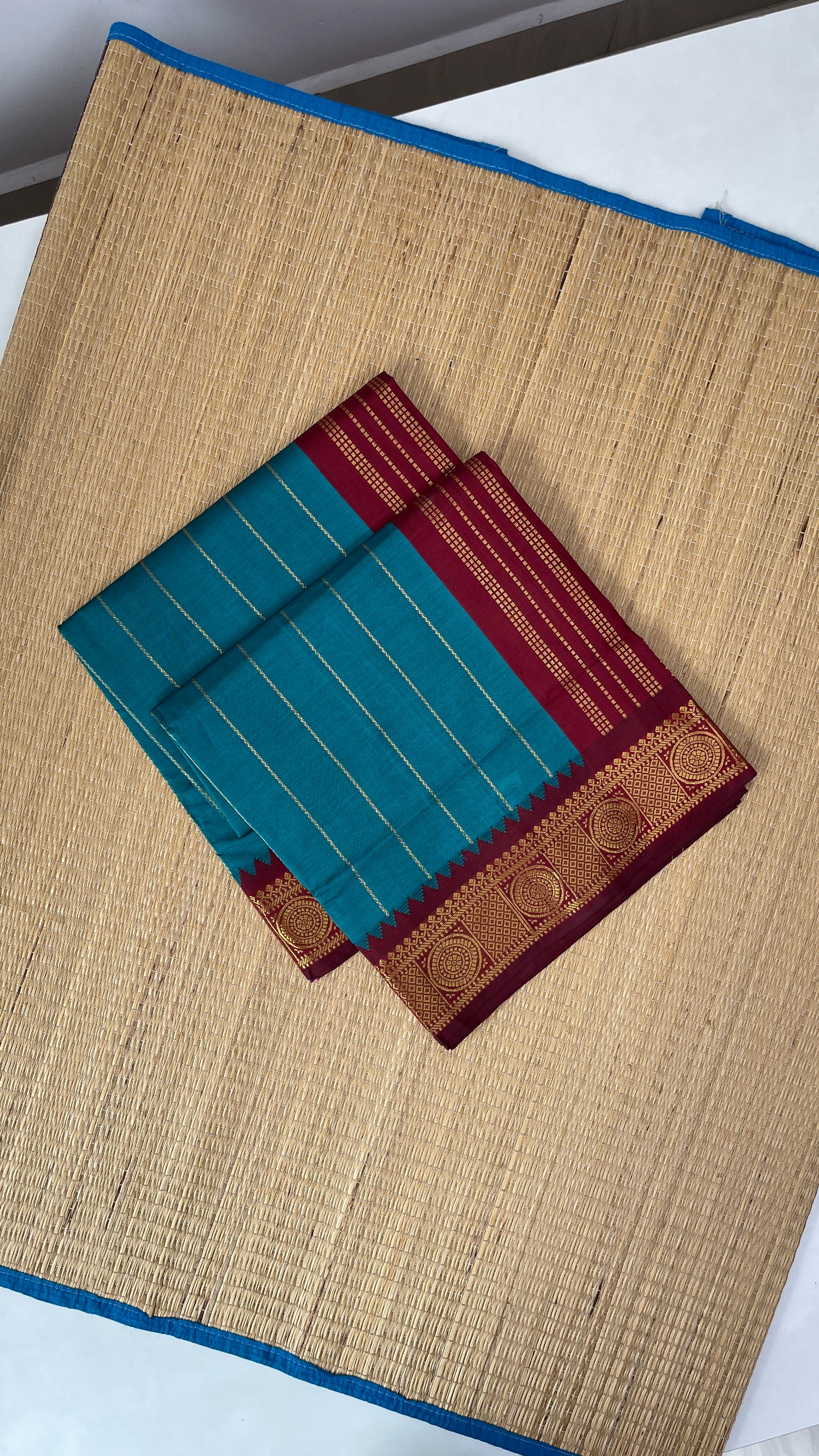 Teal Half Pure Silk Cotton Saree With Stripes Pattern