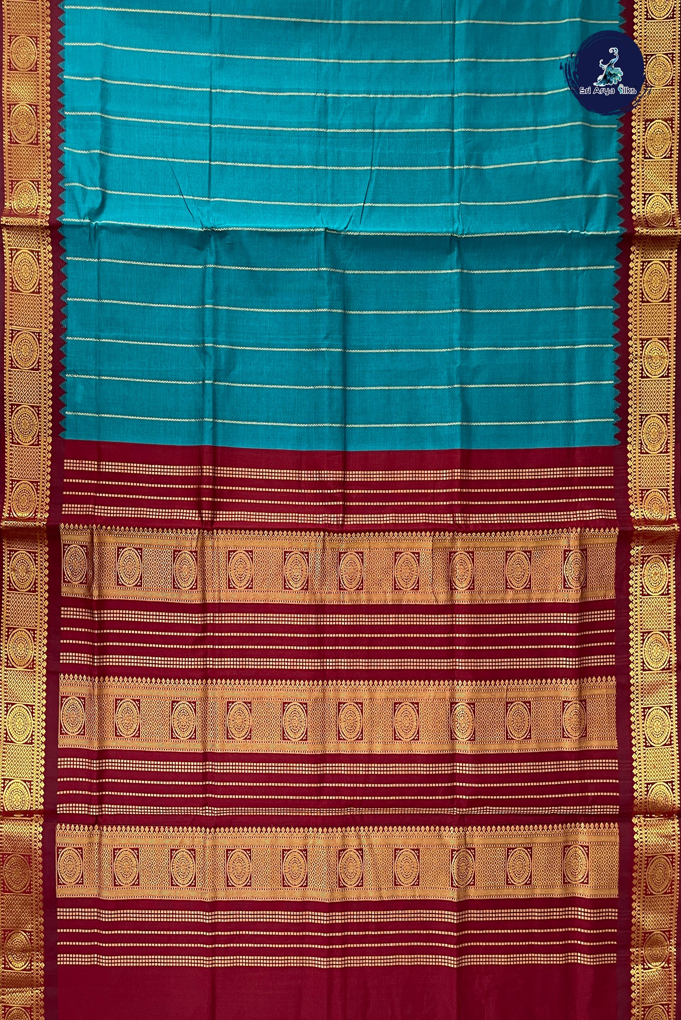 Teal Half Pure Silk Cotton Saree With Stripes Pattern