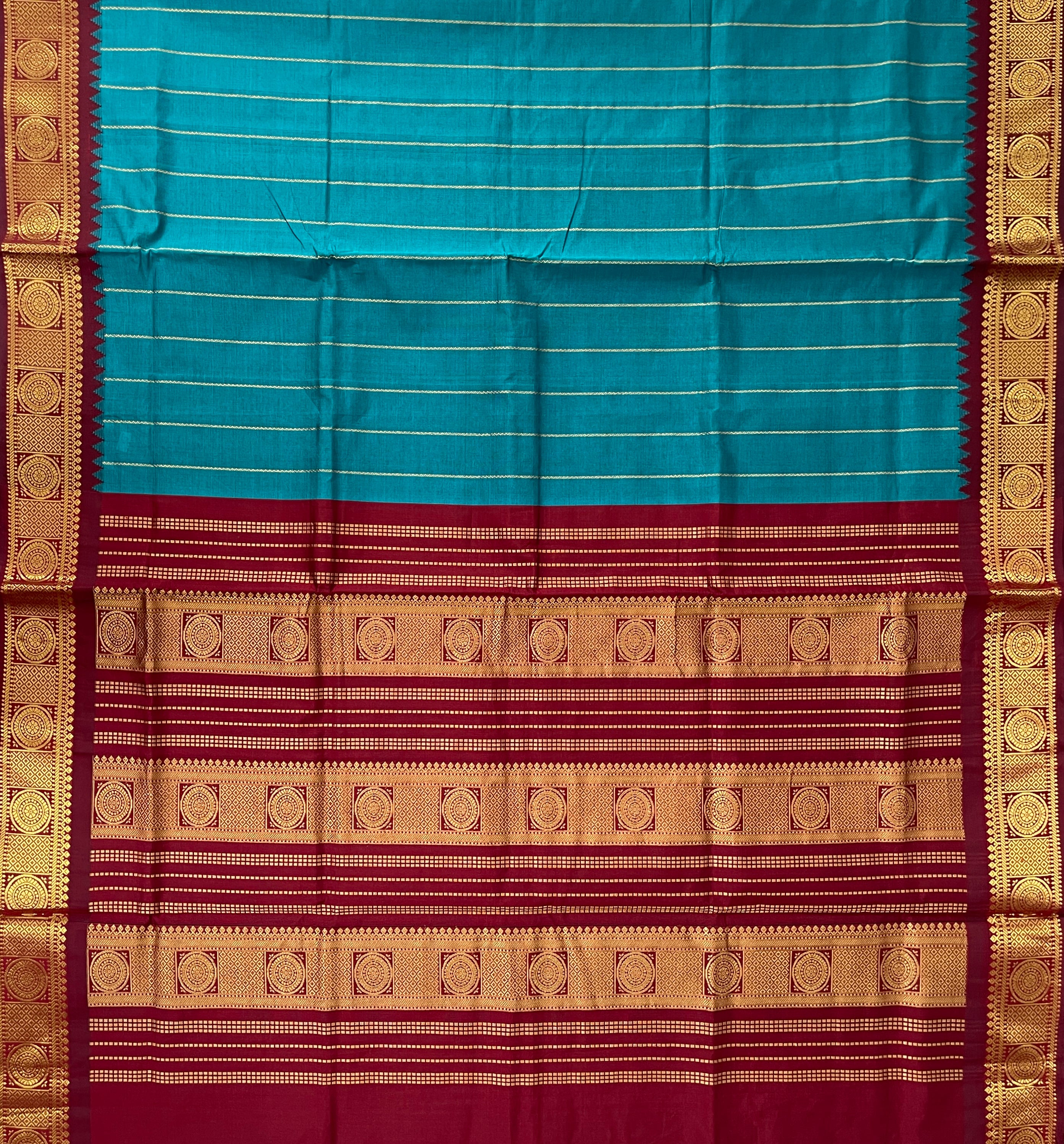 Teal Half Pure Silk Cotton Saree With Stripes Pattern