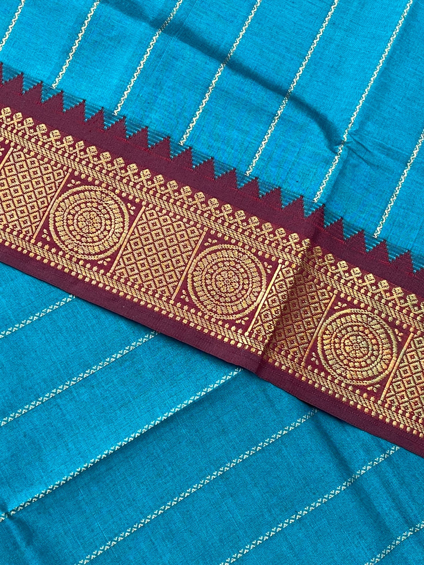 Teal Half Pure Silk Cotton Saree With Stripes Pattern