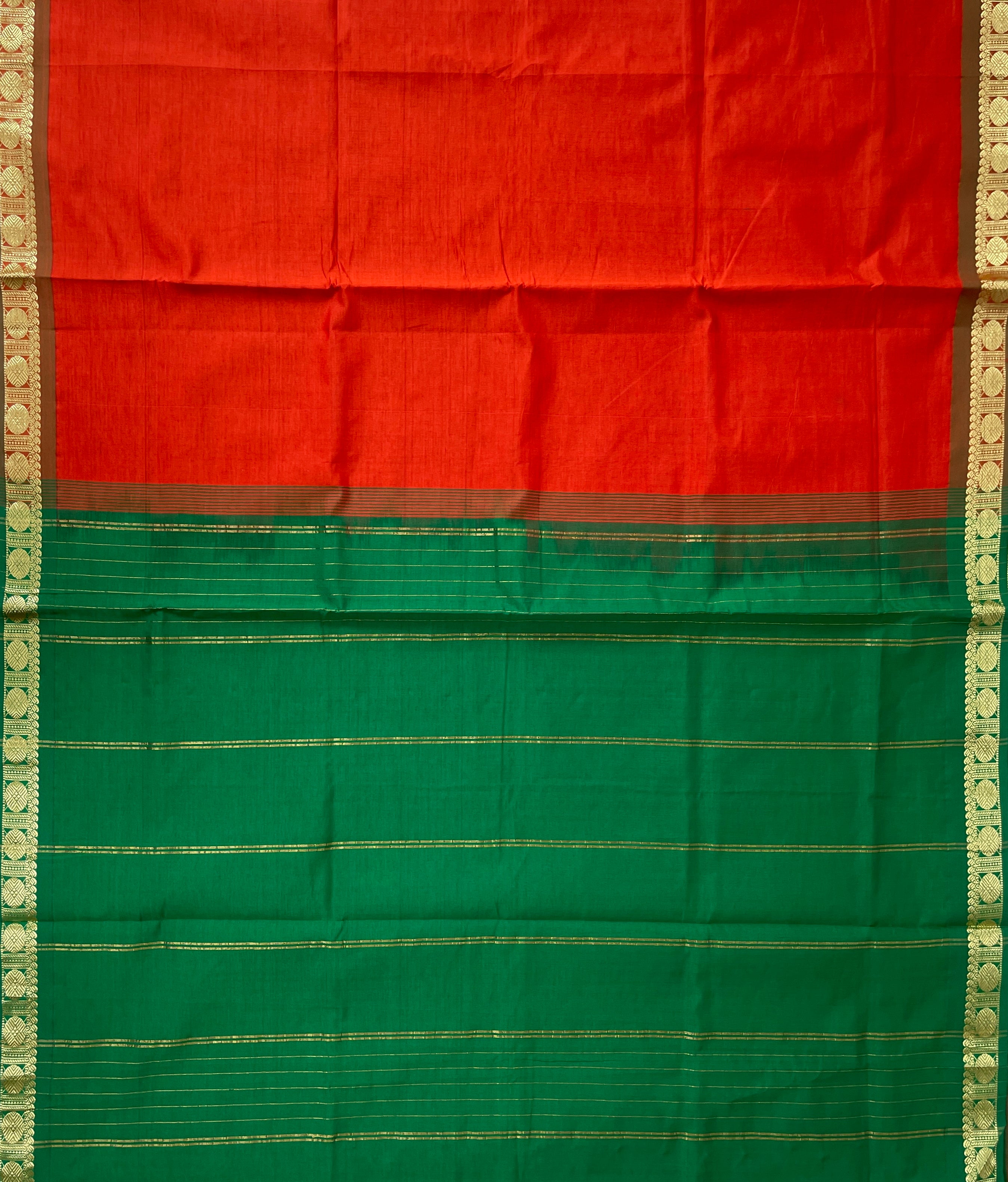 Orange Half Pure Silk Cotton Saree With Plain Pattern