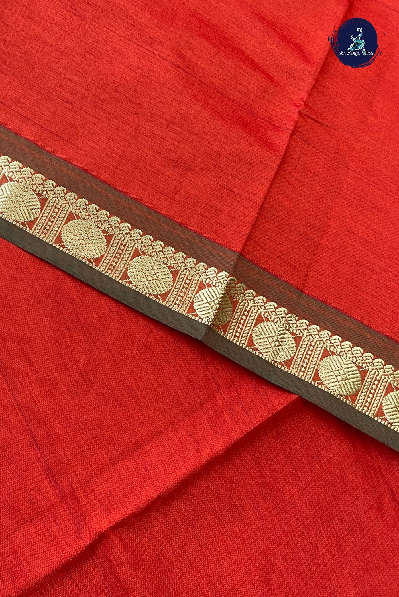Orange Half Pure Silk Cotton Saree With Plain Pattern