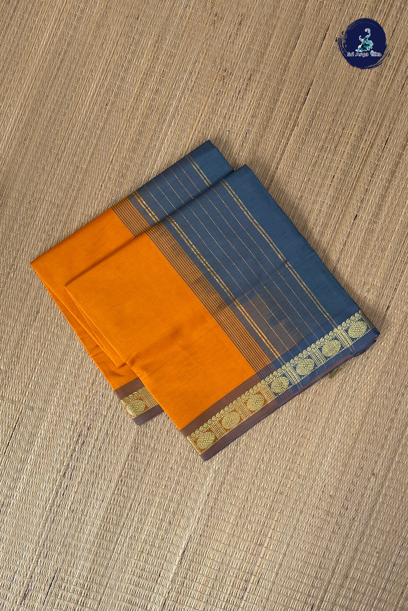 Lite Mustard Orange Half Pure Silk Cotton Saree With Plain Pattern