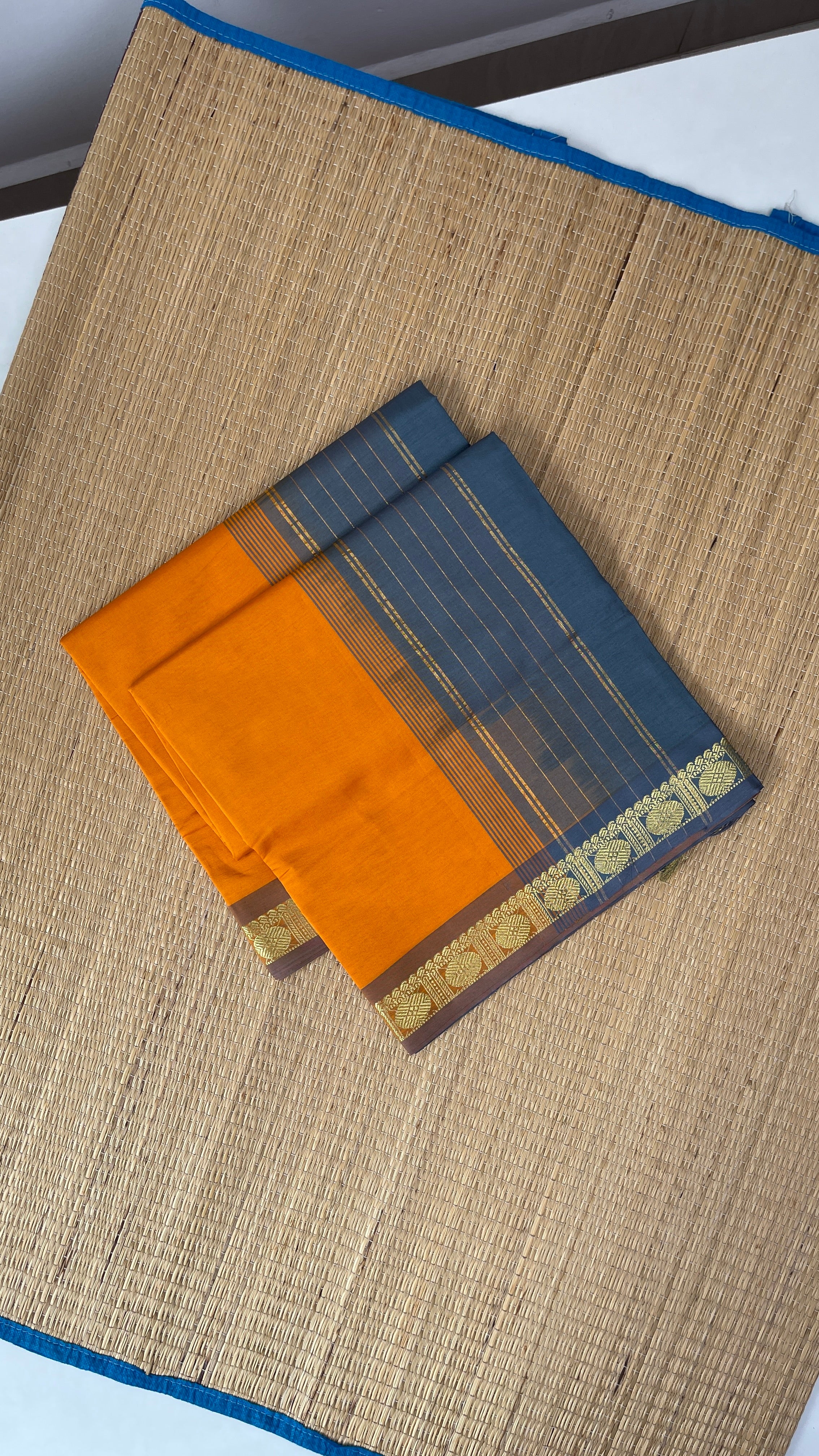 Lite Mustard Orange Half Pure Silk Cotton Saree With Plain Pattern