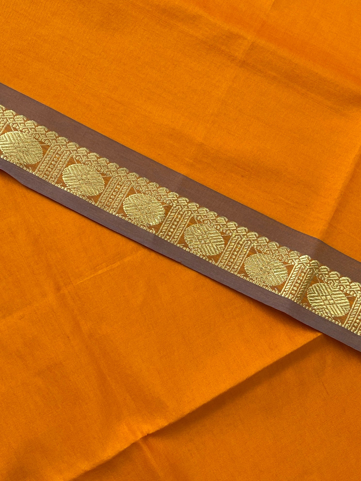 Lite Mustard Orange Half Pure Silk Cotton Saree With Plain Pattern