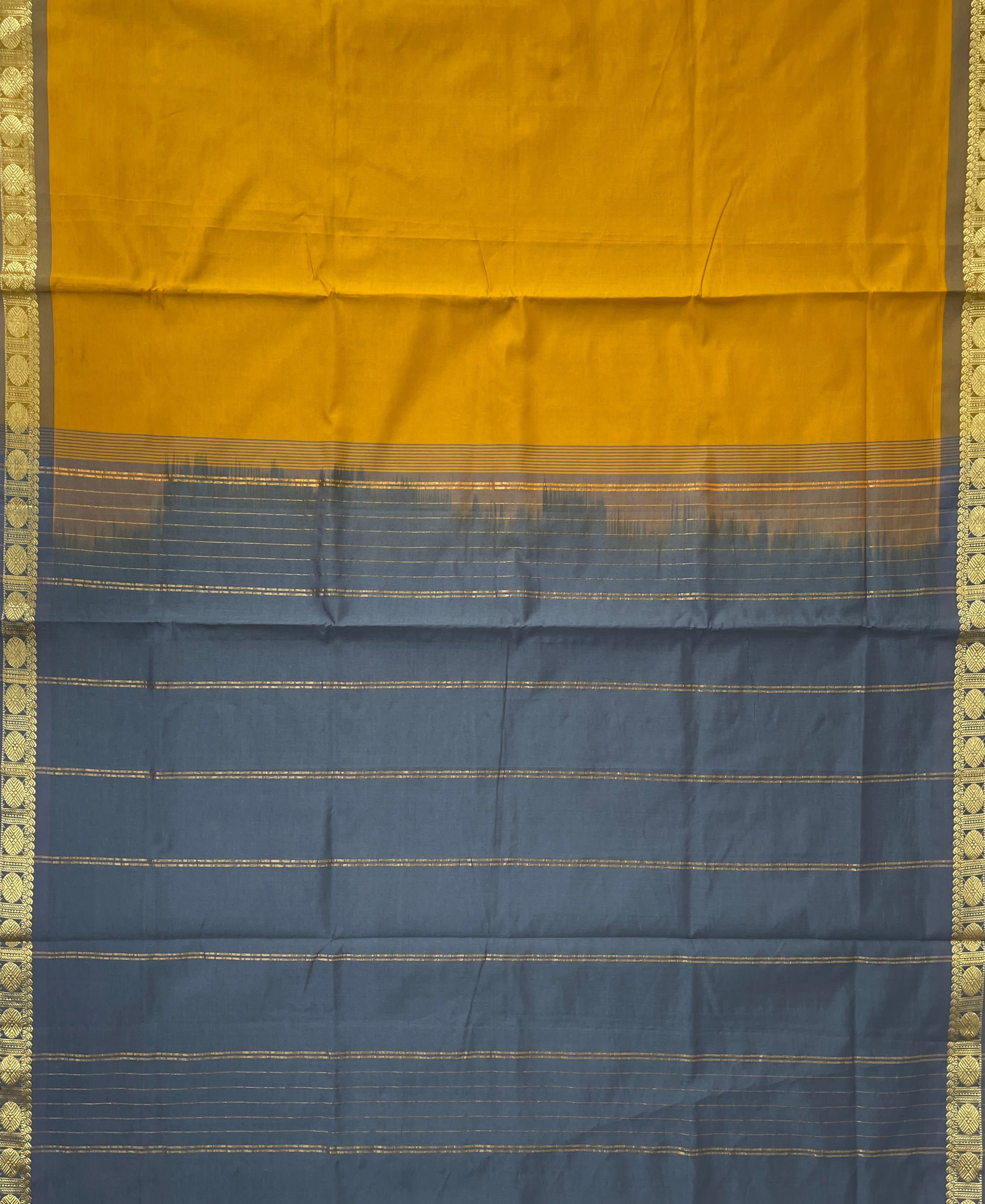 Mustard Yellow Half Pure Silk Cotton Saree With Plain Pattern