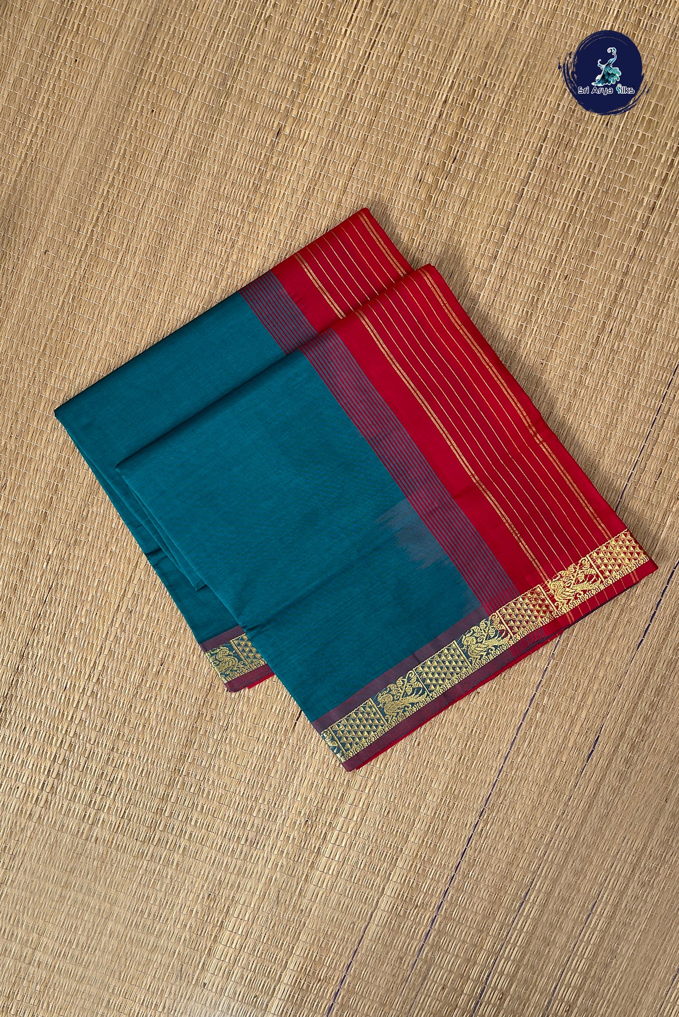 Teal Half Pure Silk Cotton Saree With Plain Pattern