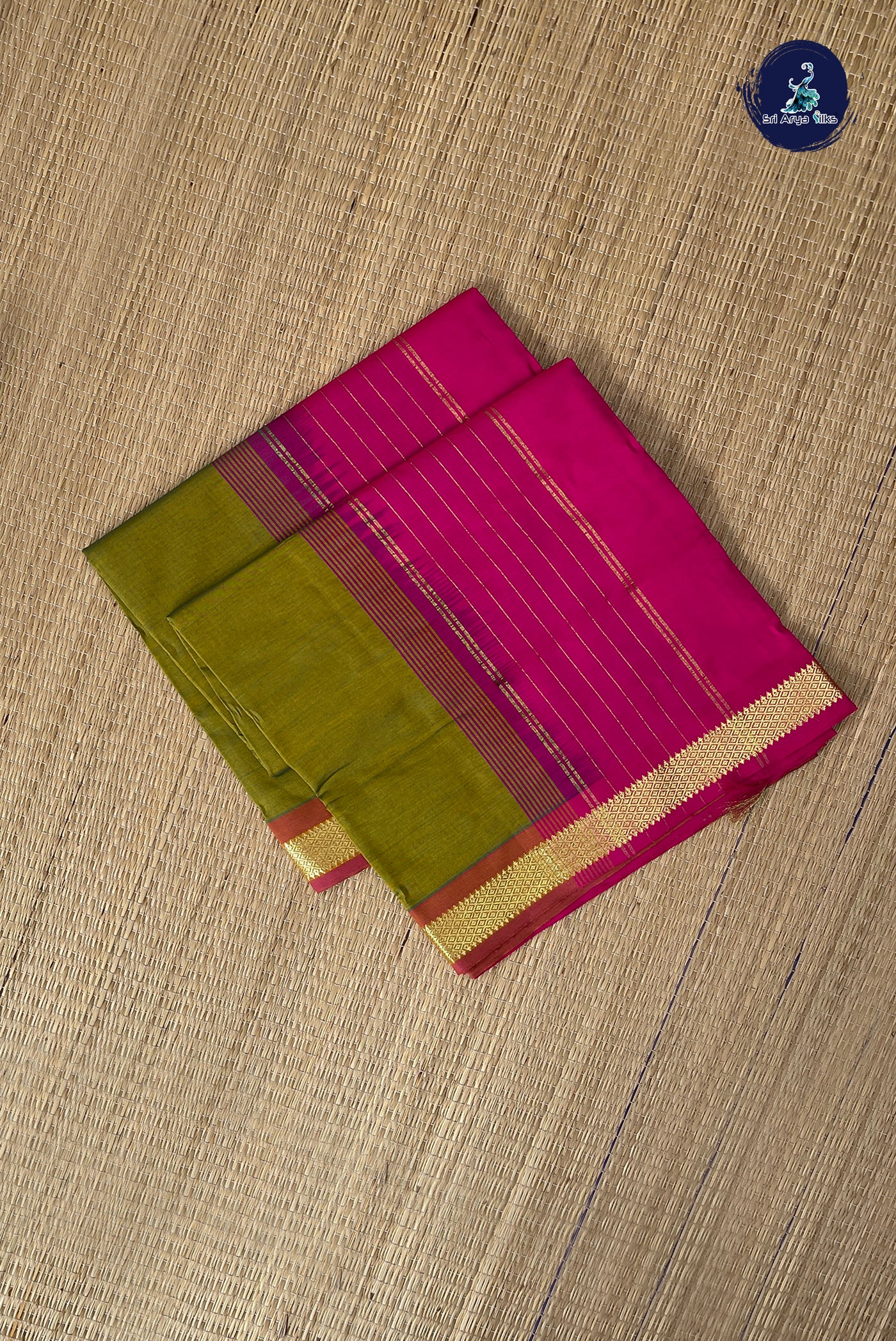 Mehendi Green Half Pure Silk Cotton Saree With Plain Pattern