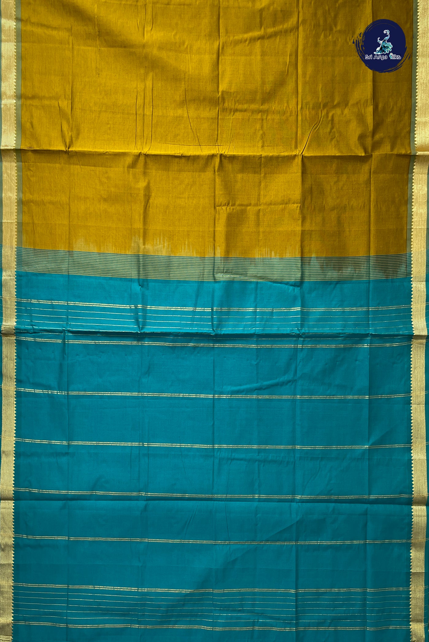 Golden Mustard Half Pure Silk Cotton Saree With Plain Pattern