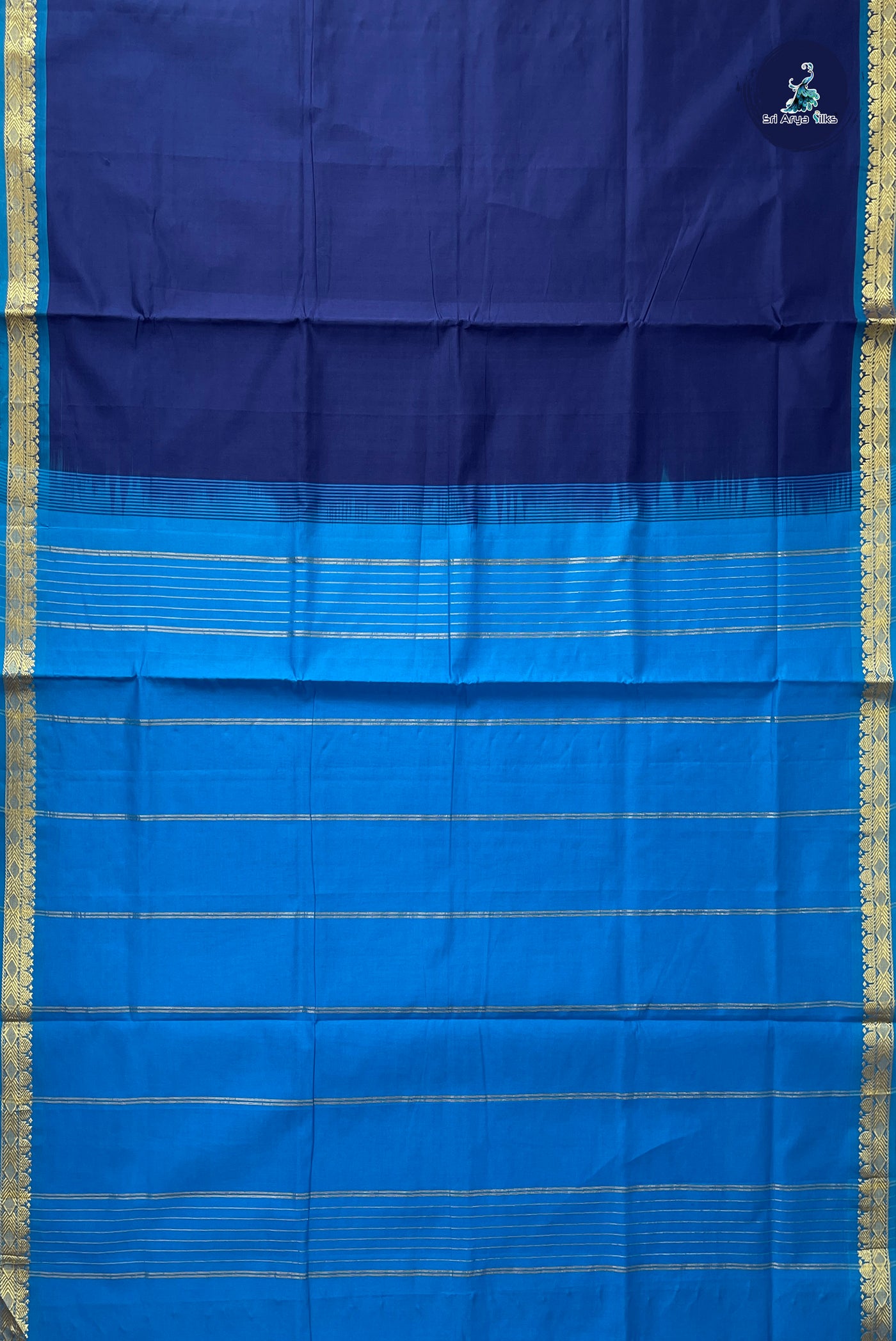 Blue Half Pure Silk Cotton Saree With Plain Pattern