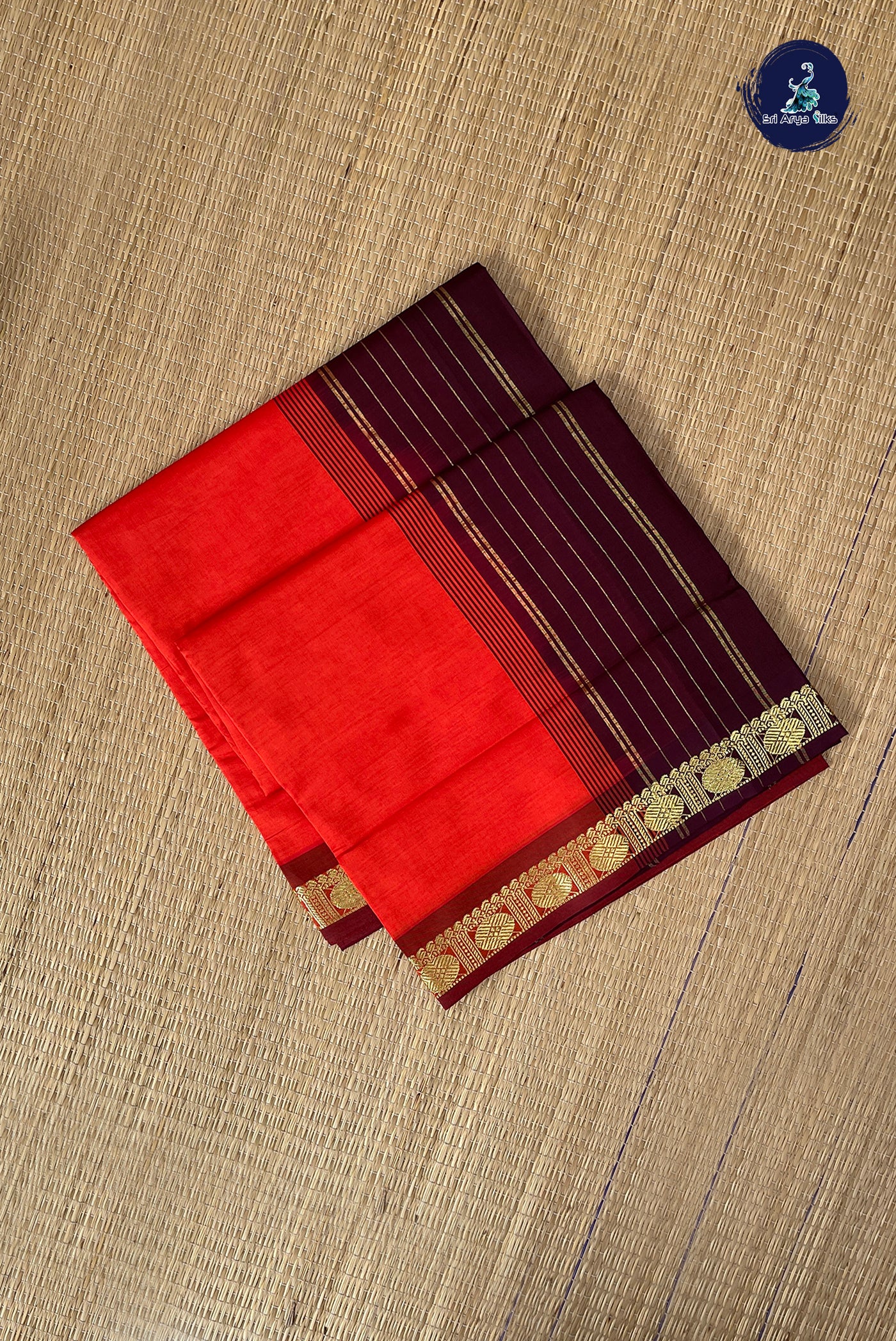 Orange Half Pure Silk Cotton Saree With Plain Pattern