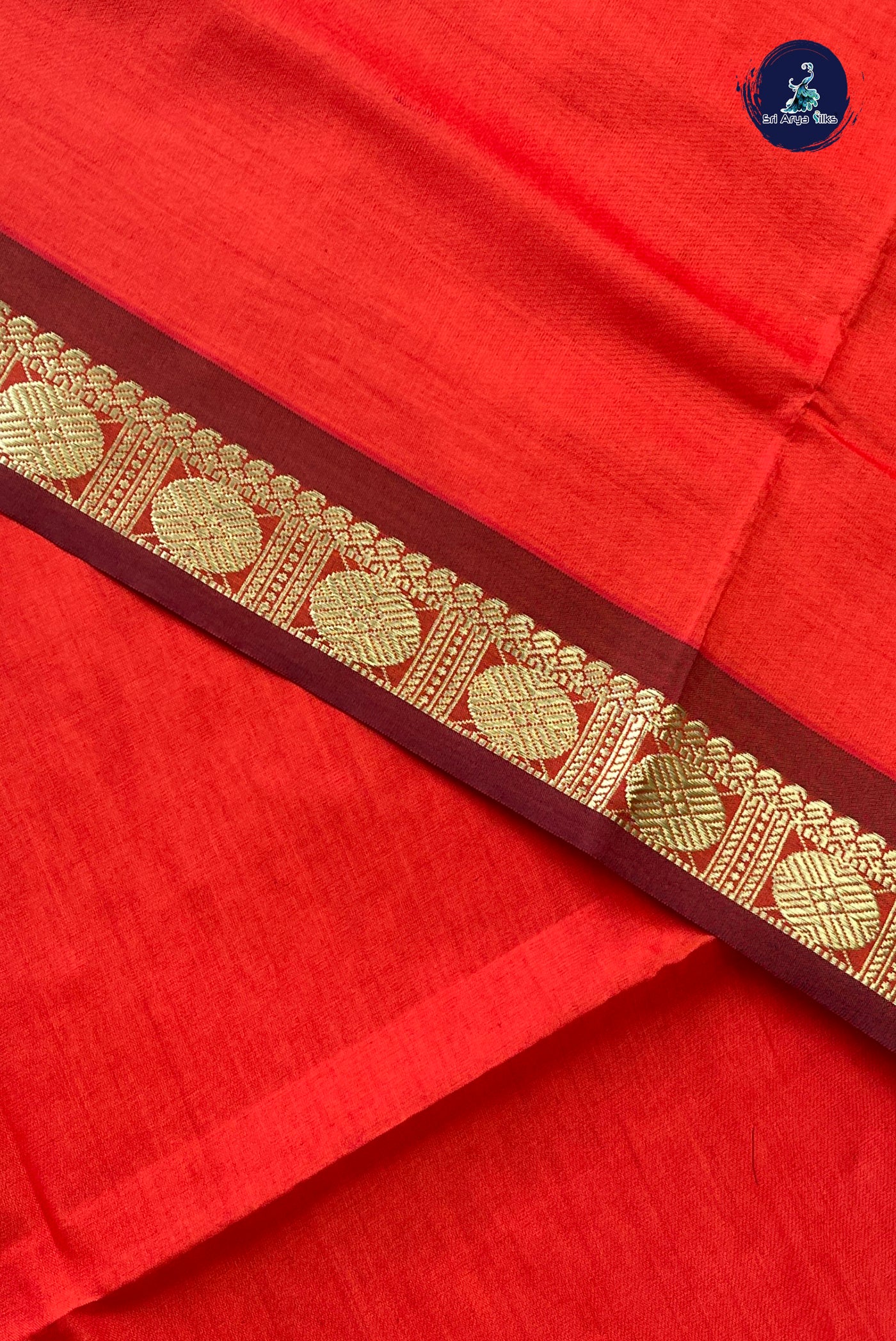 Orange Half Pure Silk Cotton Saree With Plain Pattern